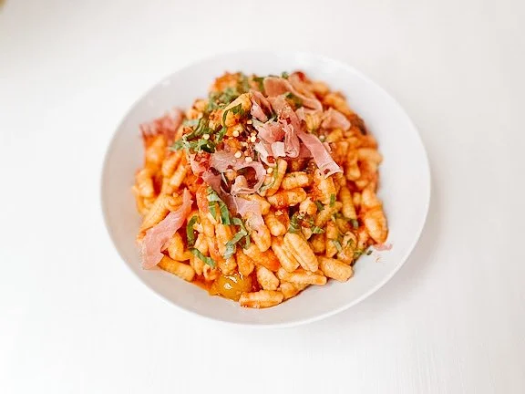 Cavatelli with Bursted Tomato + Caesar Salad