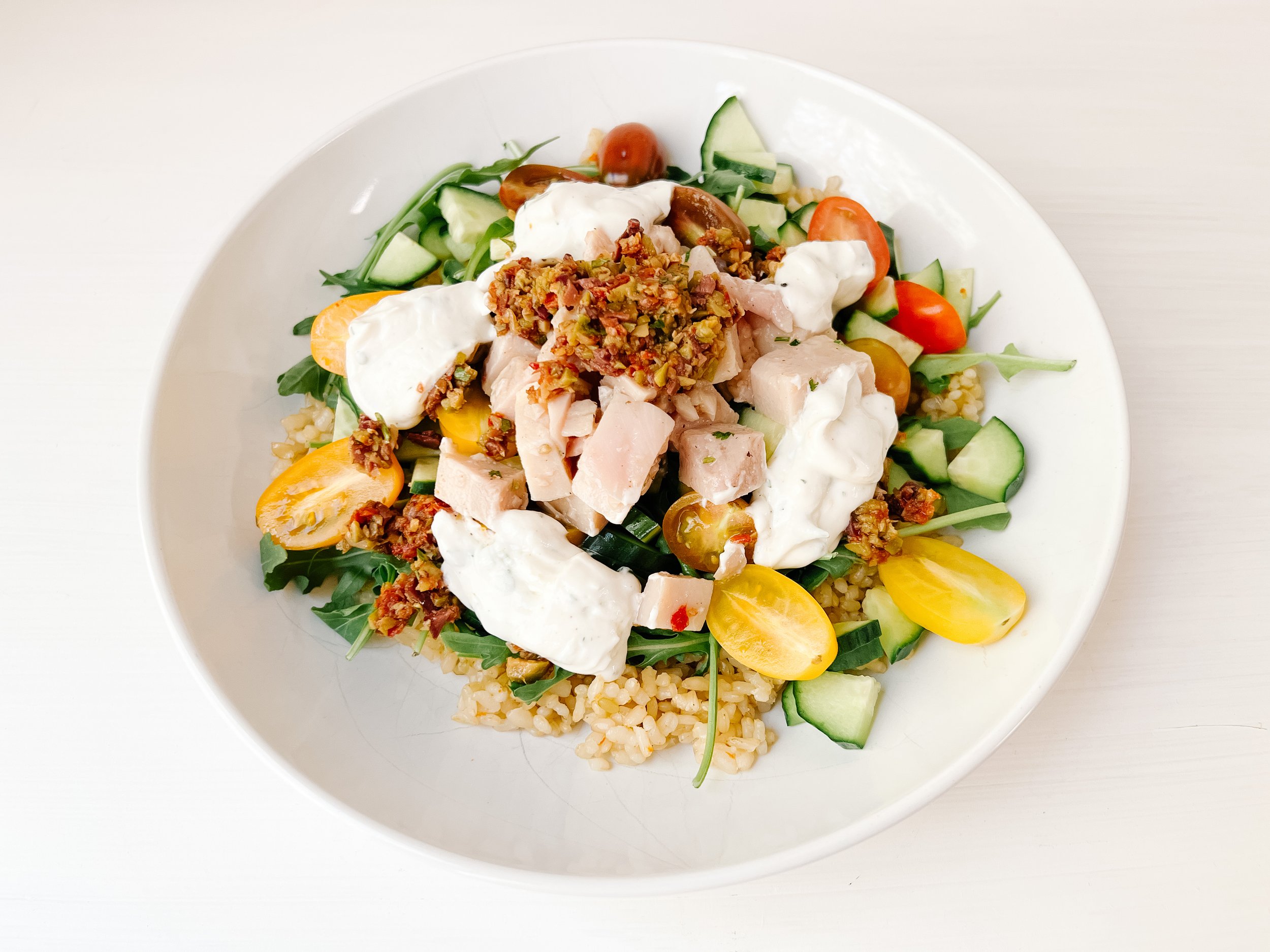 Grilled Bread with Braised Beans + Mediterranean Bowl