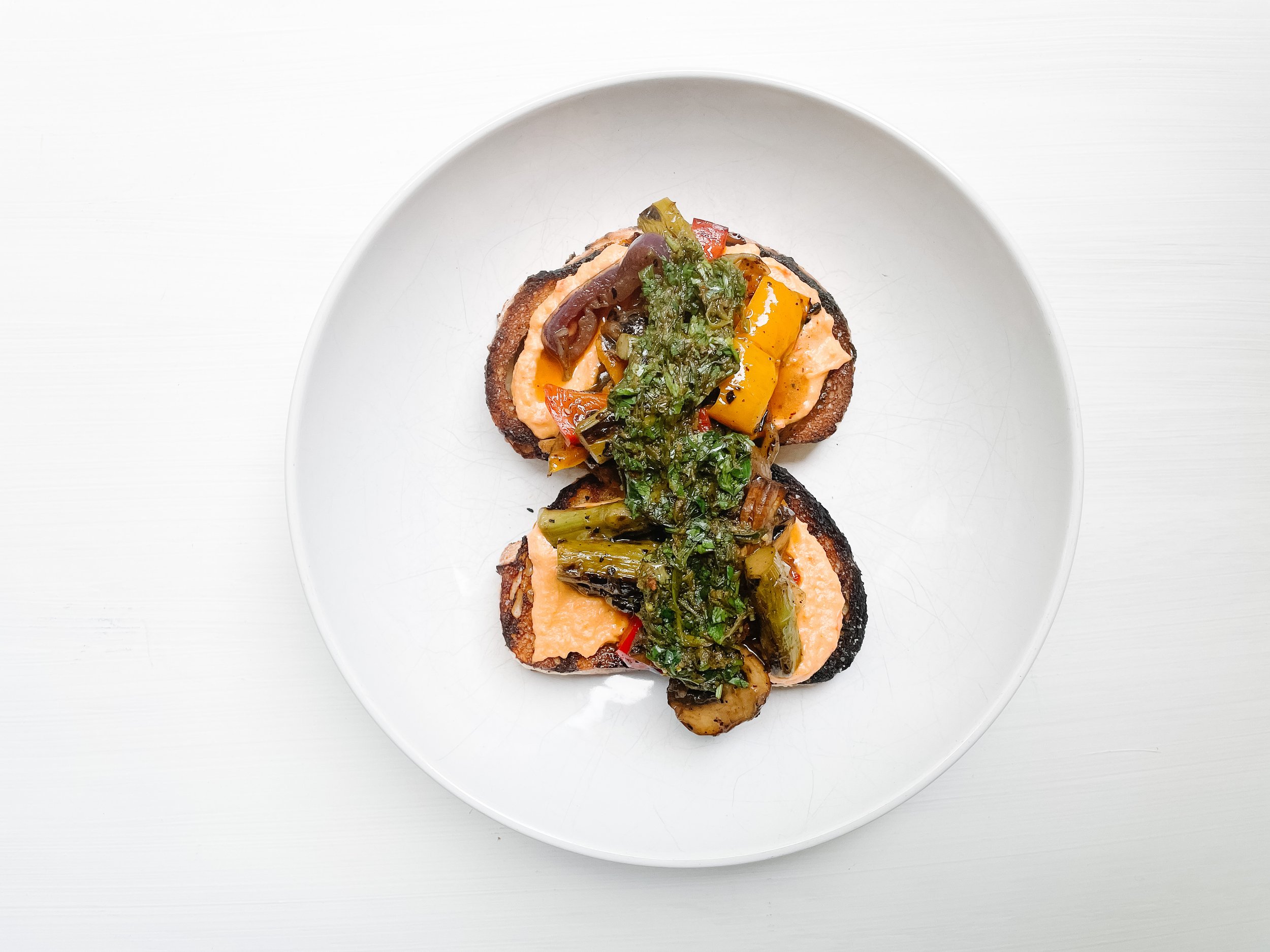 Toast with Humus and Roasted Vegetables + Green Goddess Salad