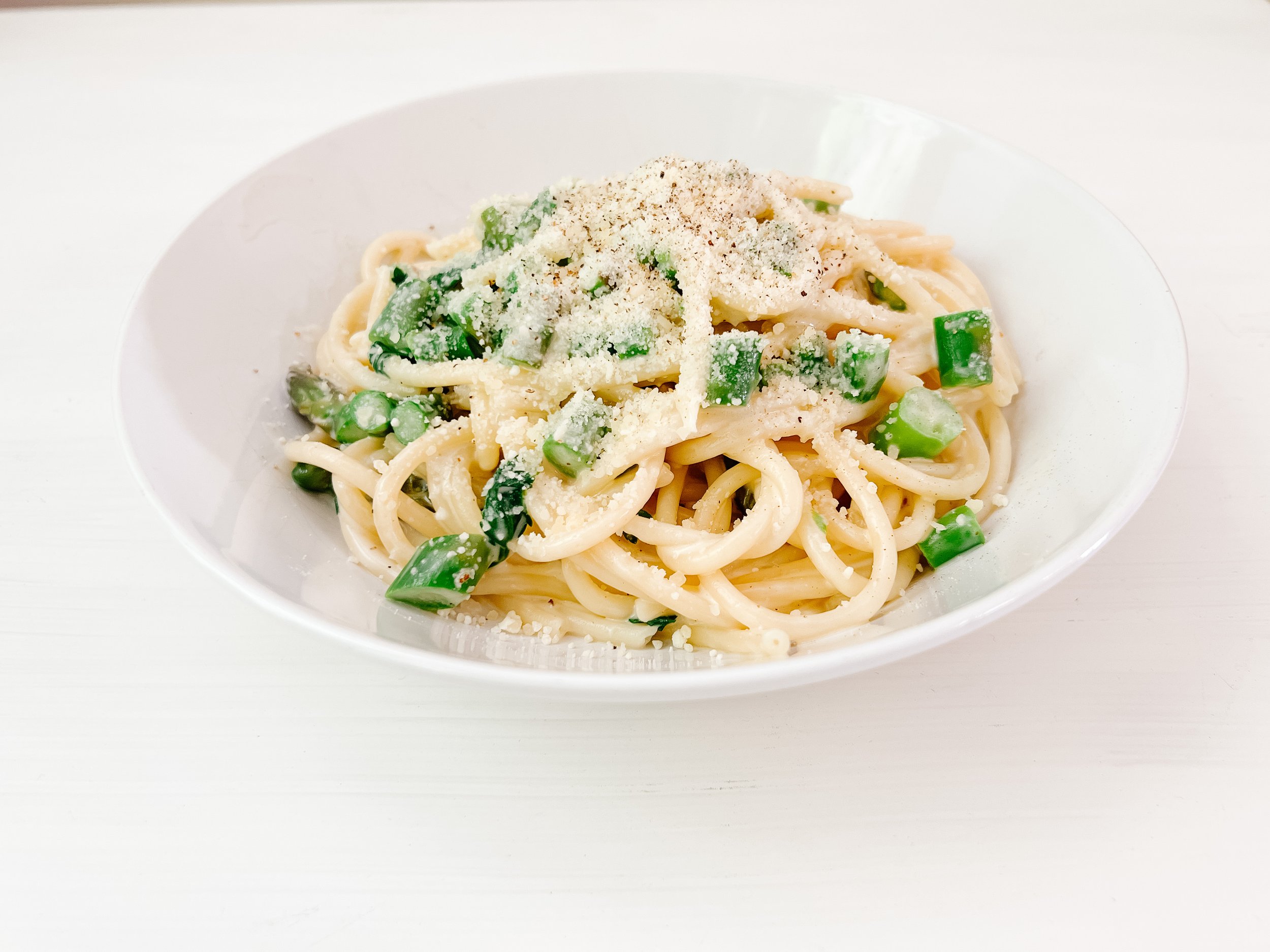 Bucatini Pasta with Asparagus + Romaine and Radish Salad