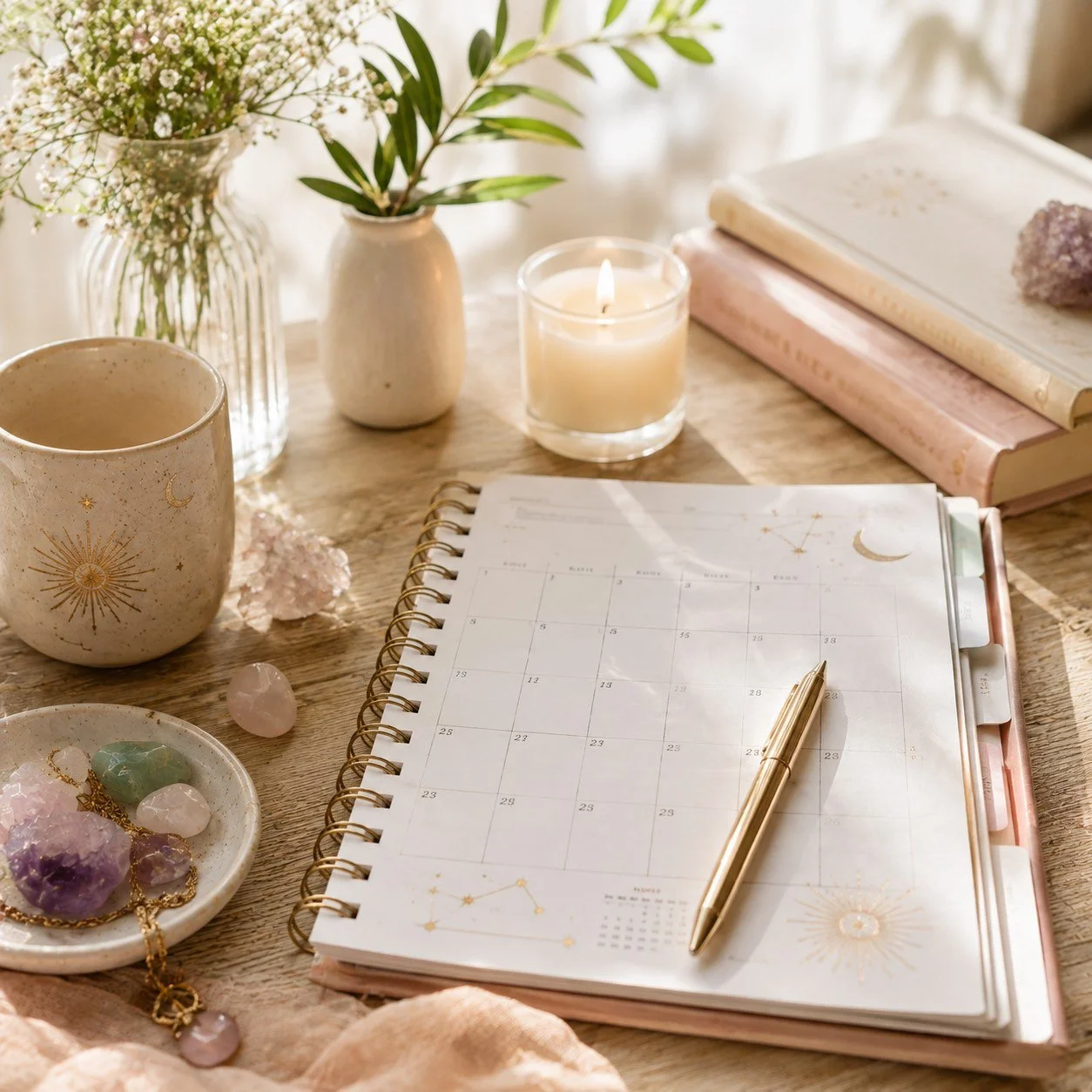 a monthly calendar with astrology notations