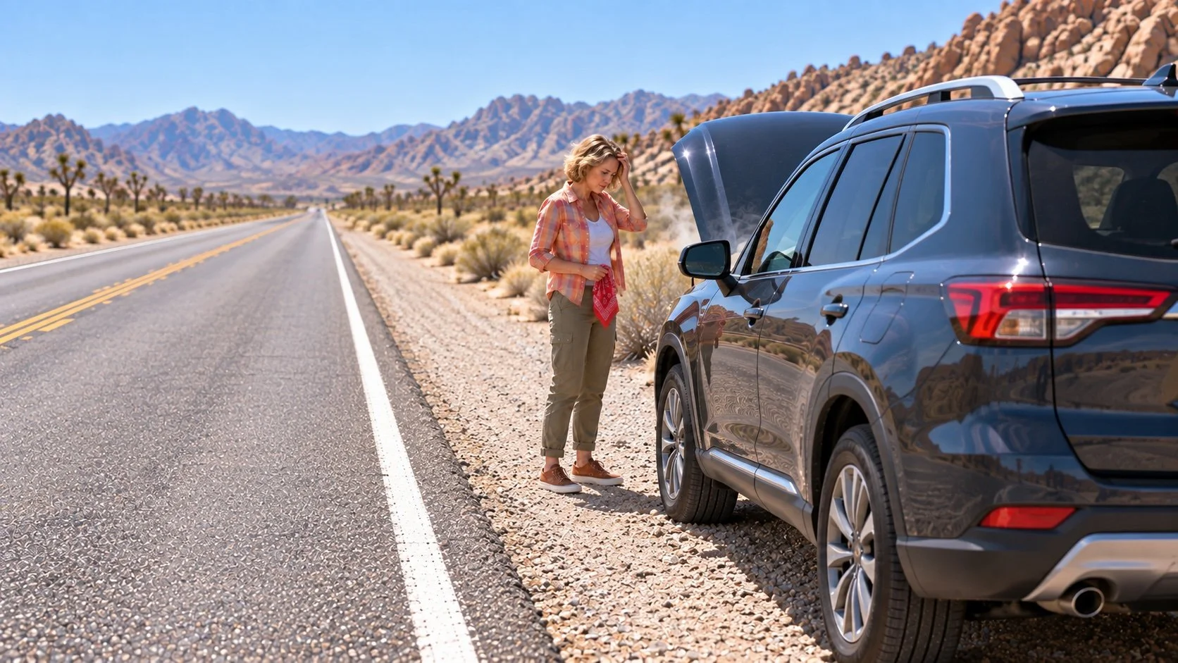 woman standing next to car with hood up, on a deserted road