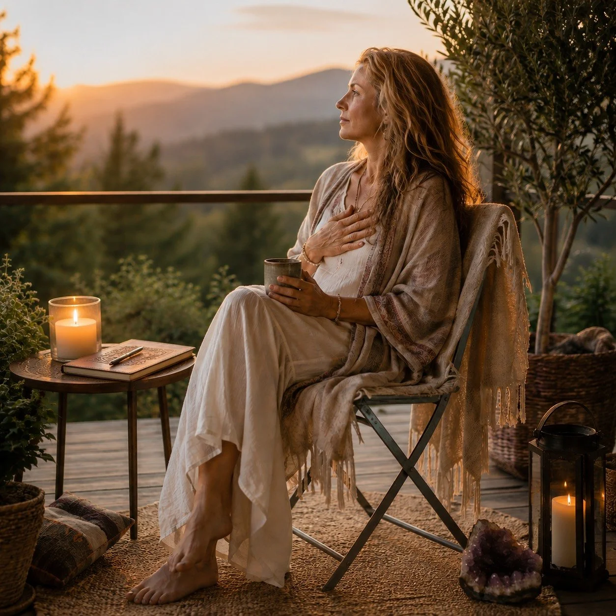 a woman sitting outside with her hand on her heart, drinking tea