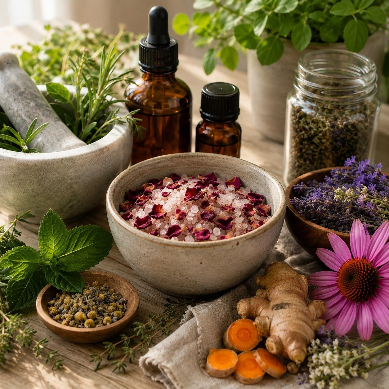 herbs, salts, bottles