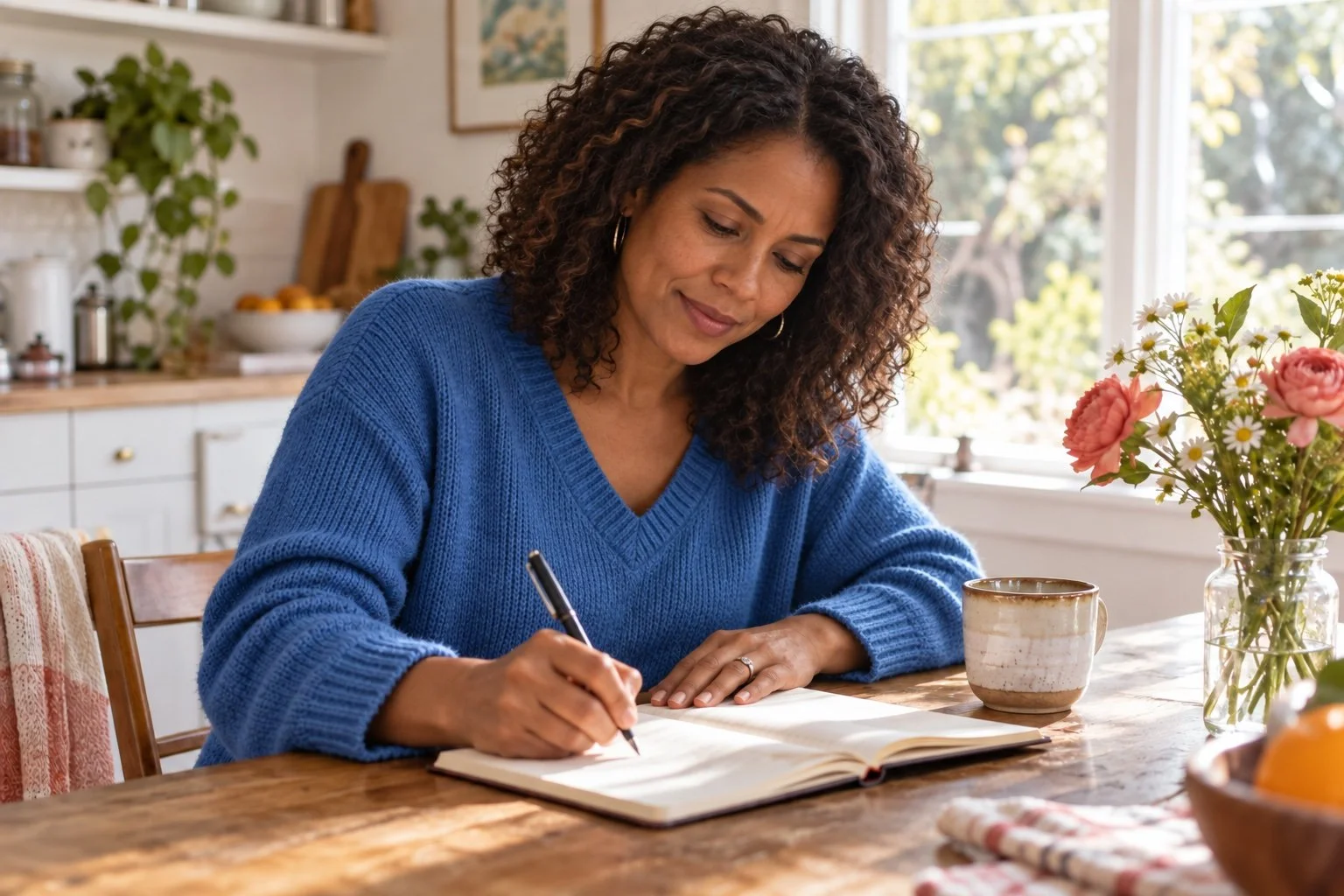 Woman sitting at her kitchen table while writing in a journal