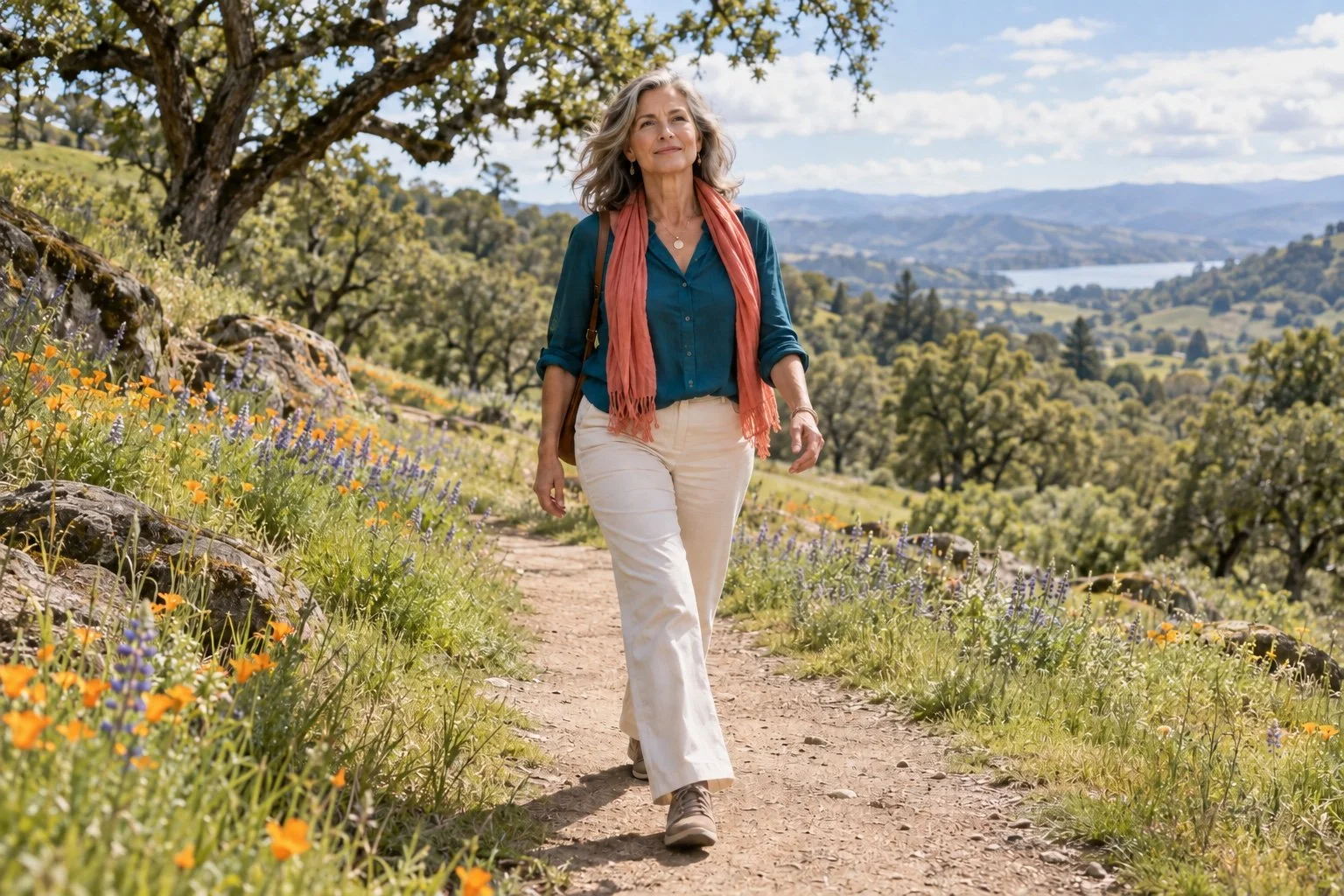 A woman walking on a trail with a lake in the background