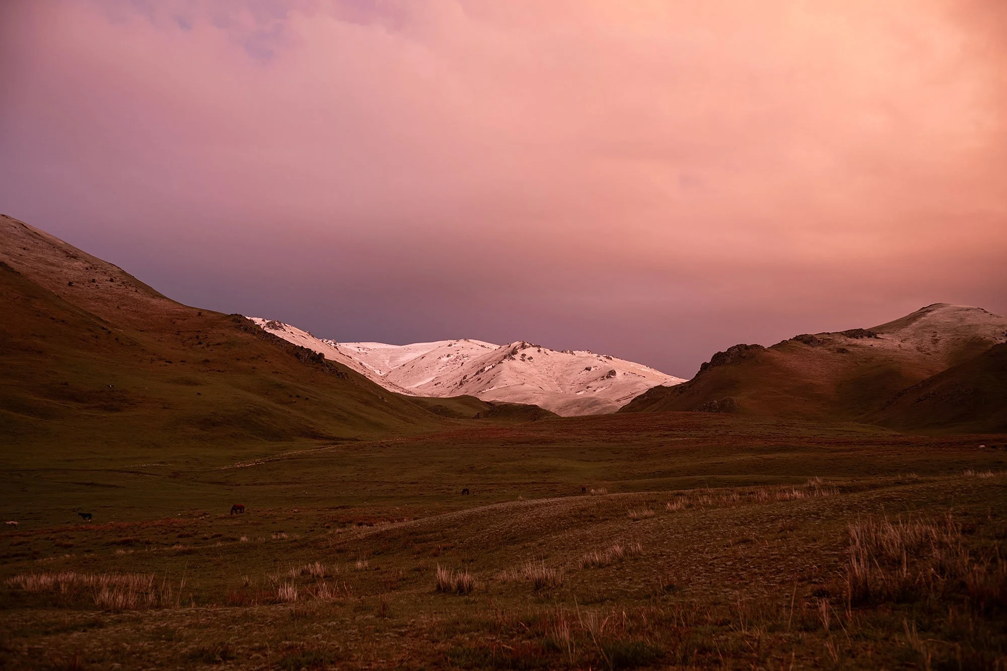 Sunset. Yurt camp 1. The trail to Song Kul, Kyrgyzstan.