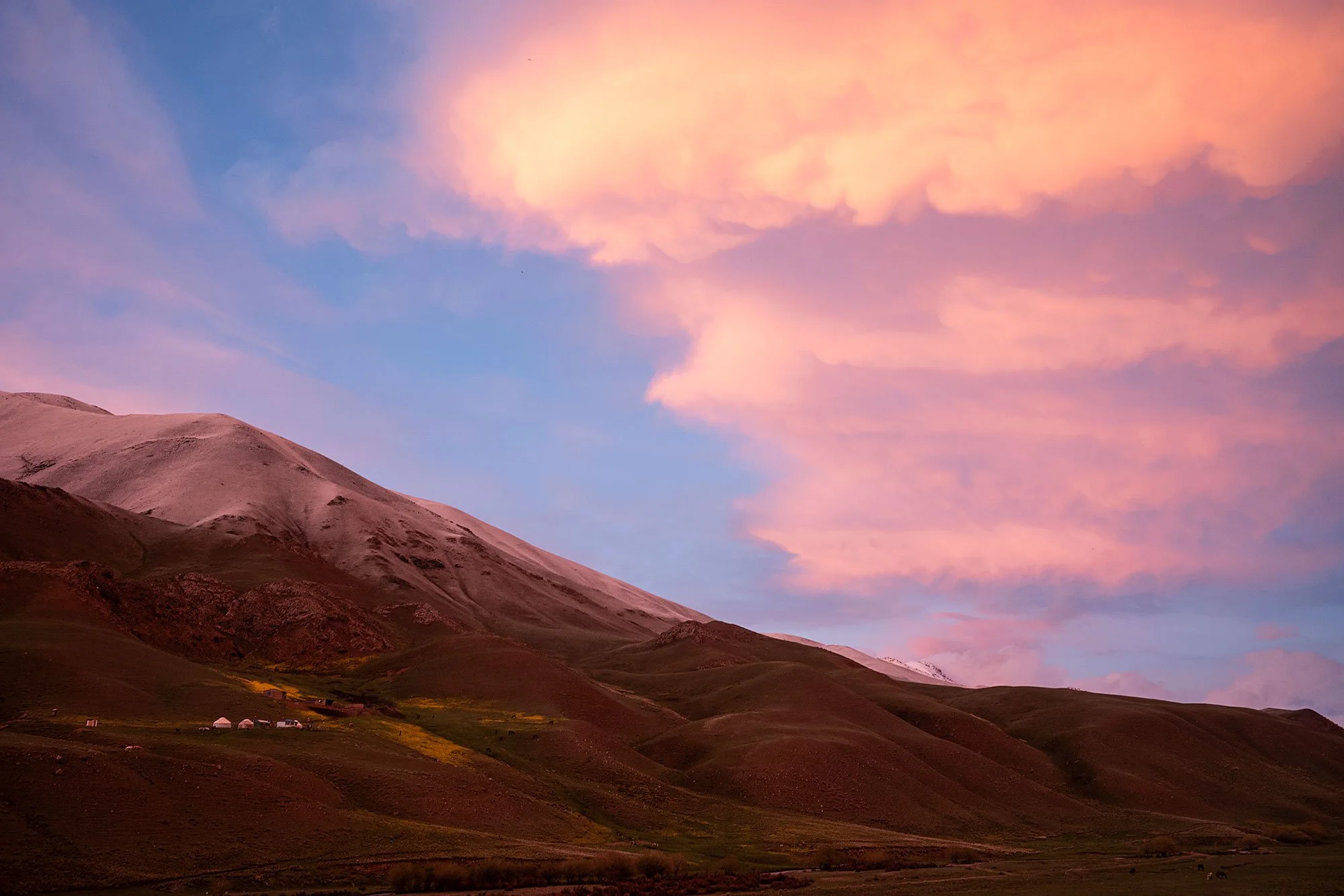 Sunset. Yurt camp 1. The trail to Song Kul, Kyrgyzstan.