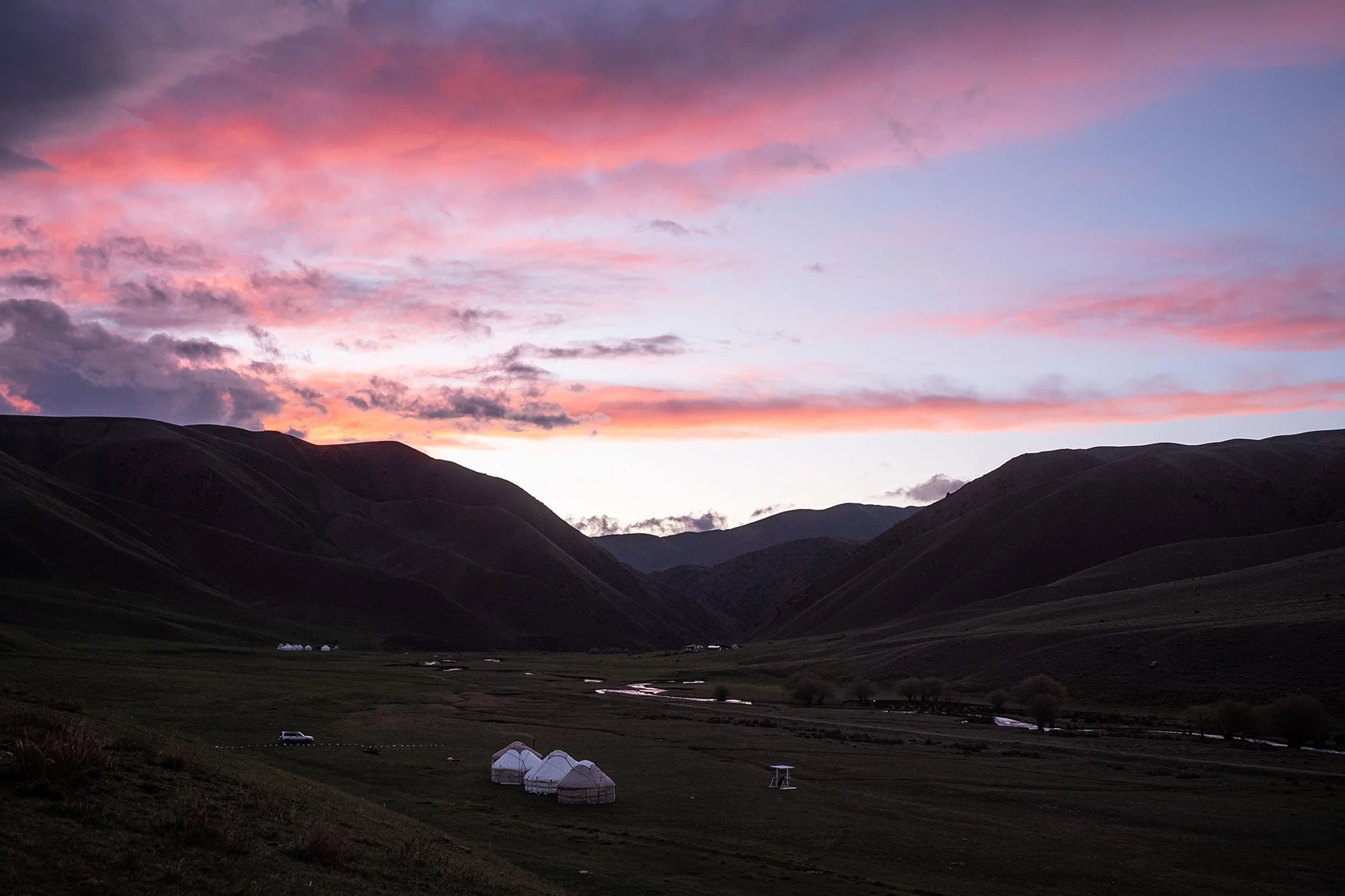 Sunset. Yurt camp 1. The trail to Song Kul, Kyrgyzstan.