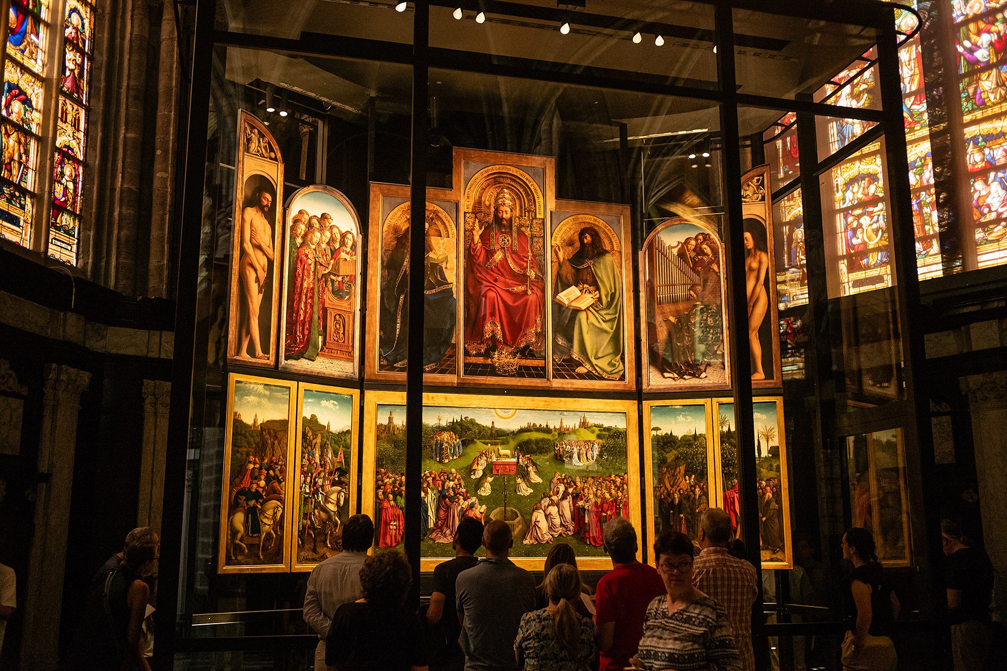 Ghent Altarpiece, Adoration of the Lamb. Saint Bavo's Cathedral. Ghent, Belgium.