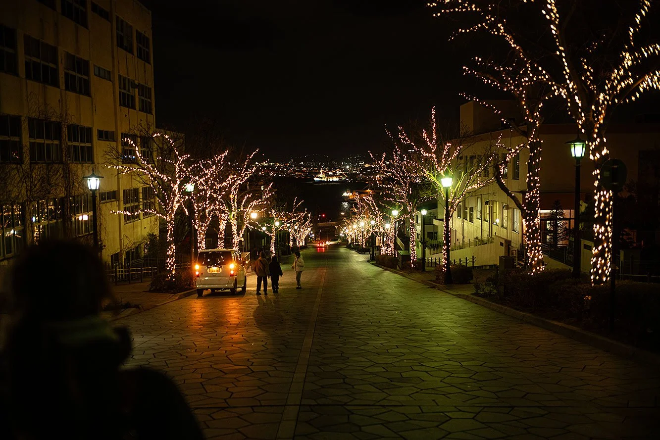 Hachiman-Zaka Slope in Hakodate, Japan, illuminated at night
