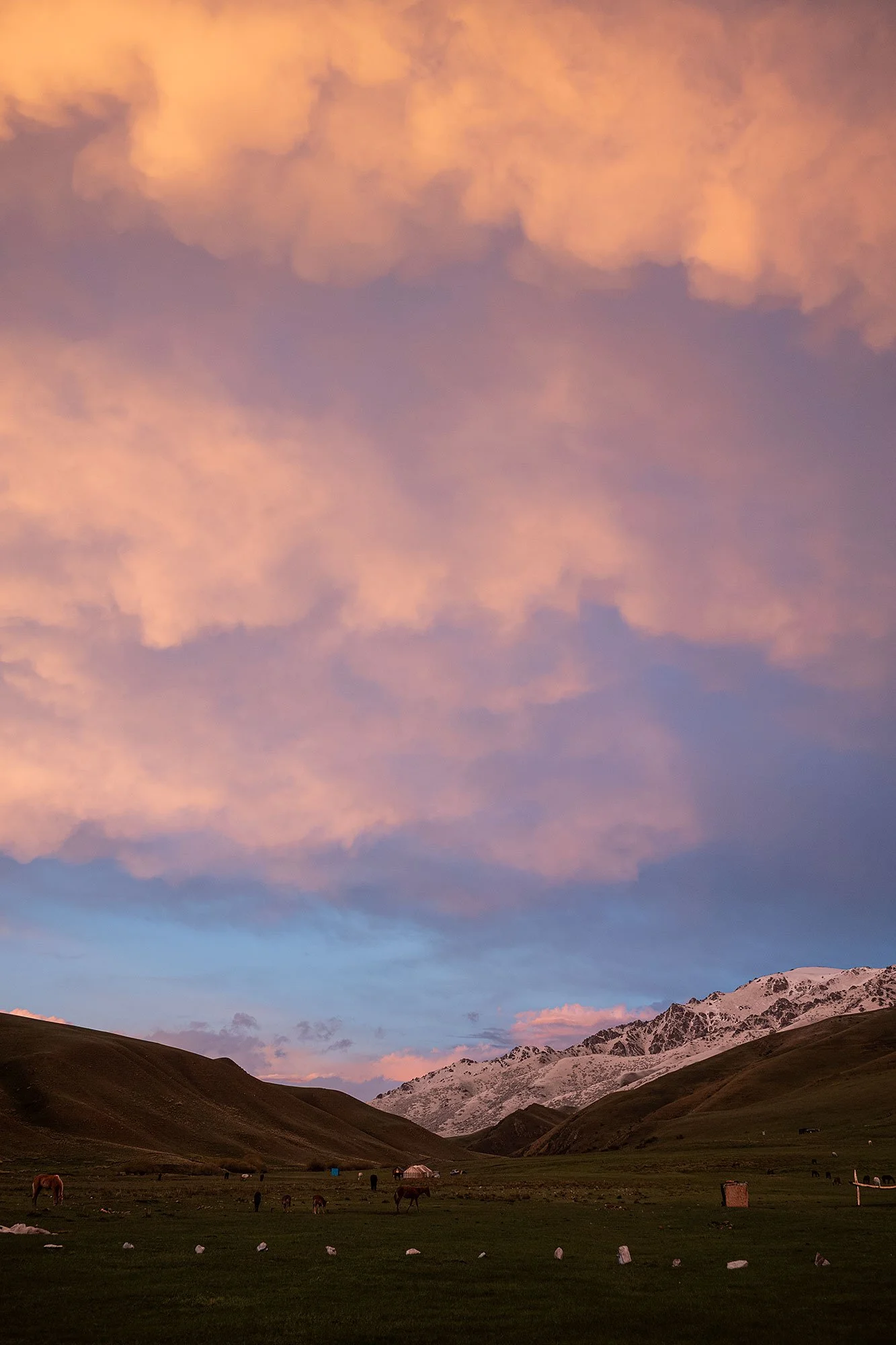 Sunset. Yurt camp 1. The trail to Song Kul, Kyrgyzstan.