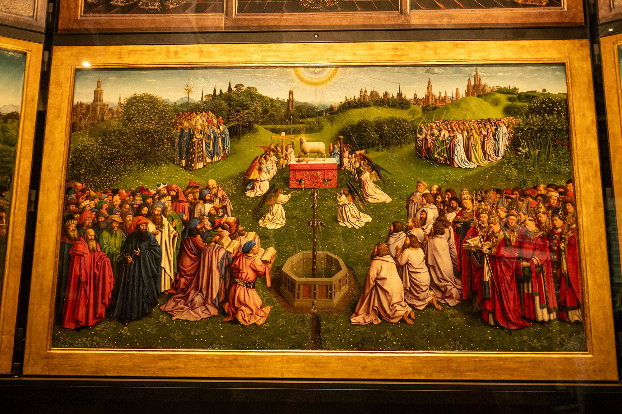 Ghent Altarpiece, Adoration of the Lamb. Saint Bavo's Cathedral. Ghent, Belgium.