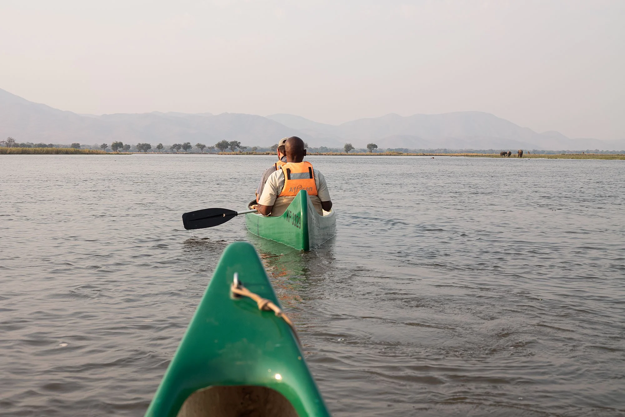 Canoeing on the Zambezi River. Mana Pools, Zimbabwe.