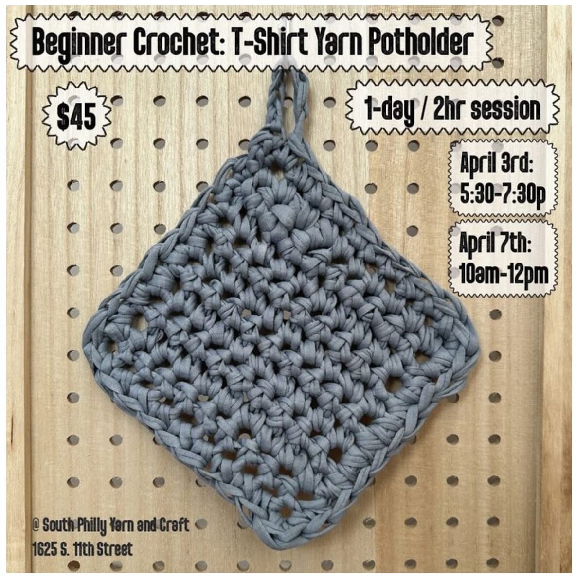 This Sunday&rsquo;s class is still available!

Using a crochet hook and up-cycled cotton t-shirt yarn, you&rsquo;ll make a chunky potholder in this class.
All supplies are provided!

#beginnercrochet #beginnercrochetclass 
#knitting #spinning #yarn #