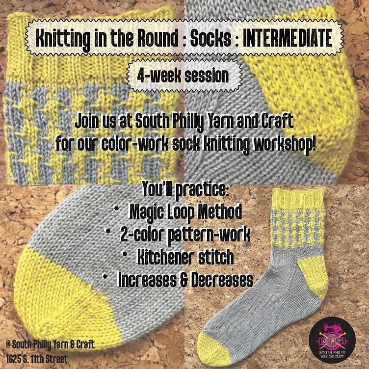 Starting next Friday! 
Fridays, 5:30-7:30pm, April 12th&mdash;May3rd

*sign-up in bio* 

Learn to knit socks in the round using the Magic Loop method in this 4-week session course!

You will be using circular needles and 4 skeins of wool/nylon/alpaca
