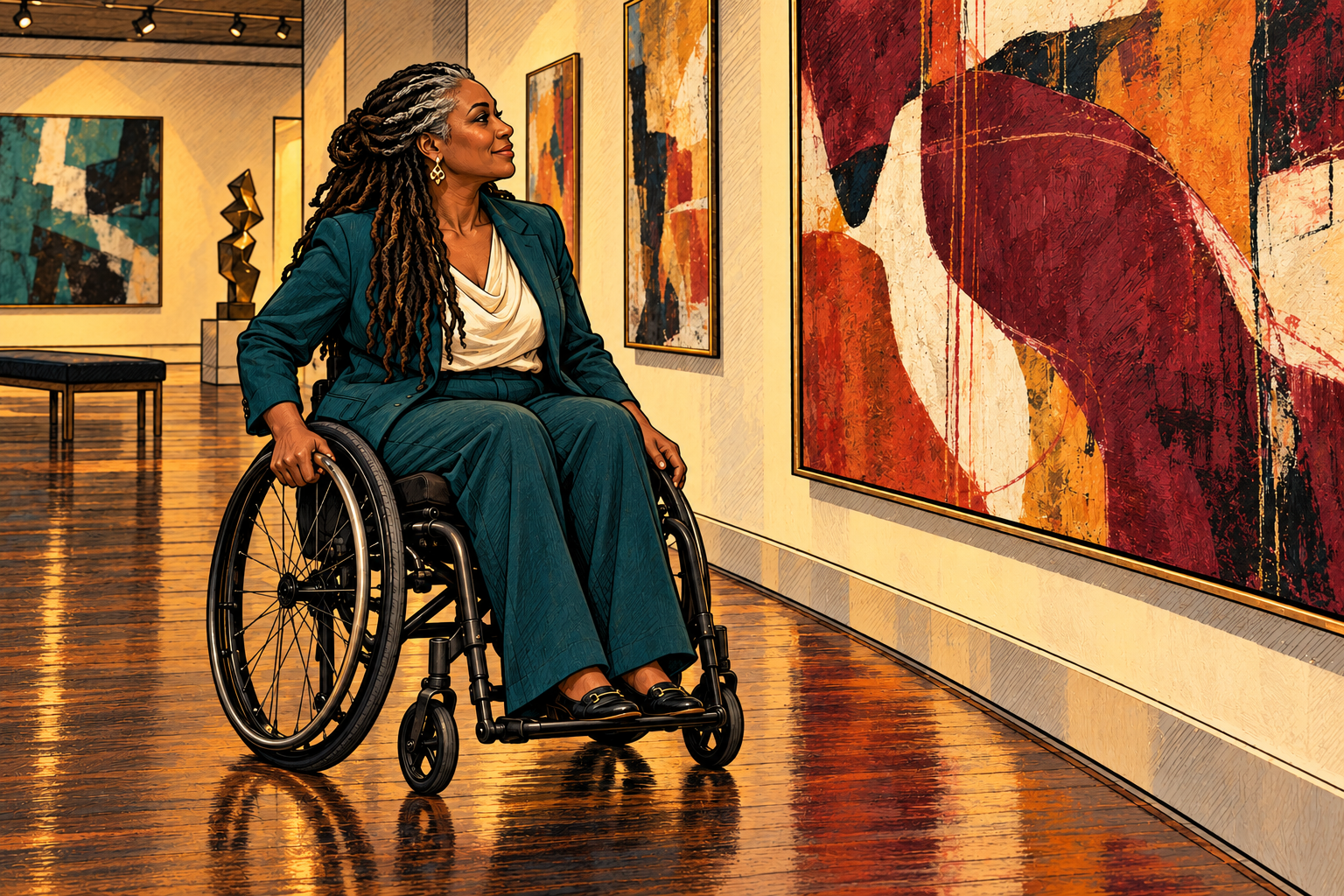 Illustration of a Black woman with silver-streaked locs viewing an abstract painting from her wheelchair.