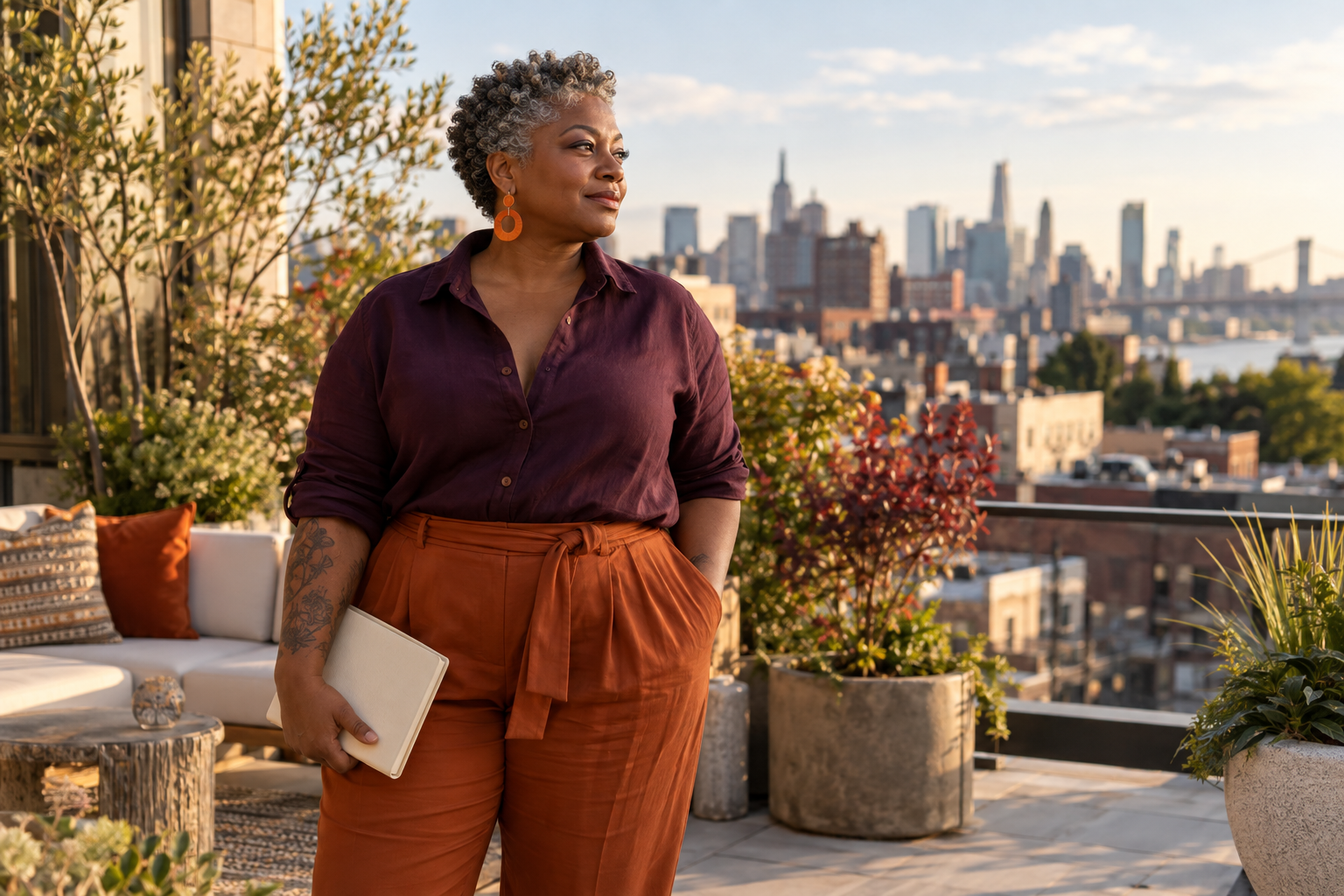 A contemporary Black woman in a plum shirt and burnt-orange trousers reflecting on her next move