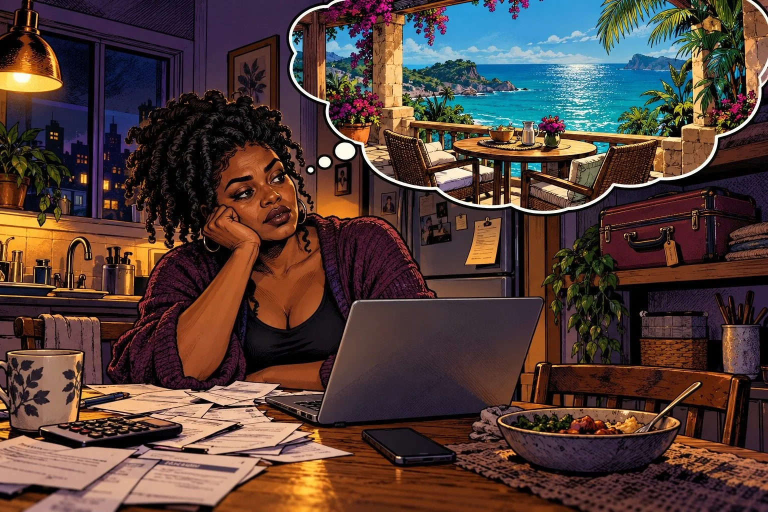 Comic book illustration of a woman at her kitchen table imagining an ocean getaway while daily responsibilities surround her.