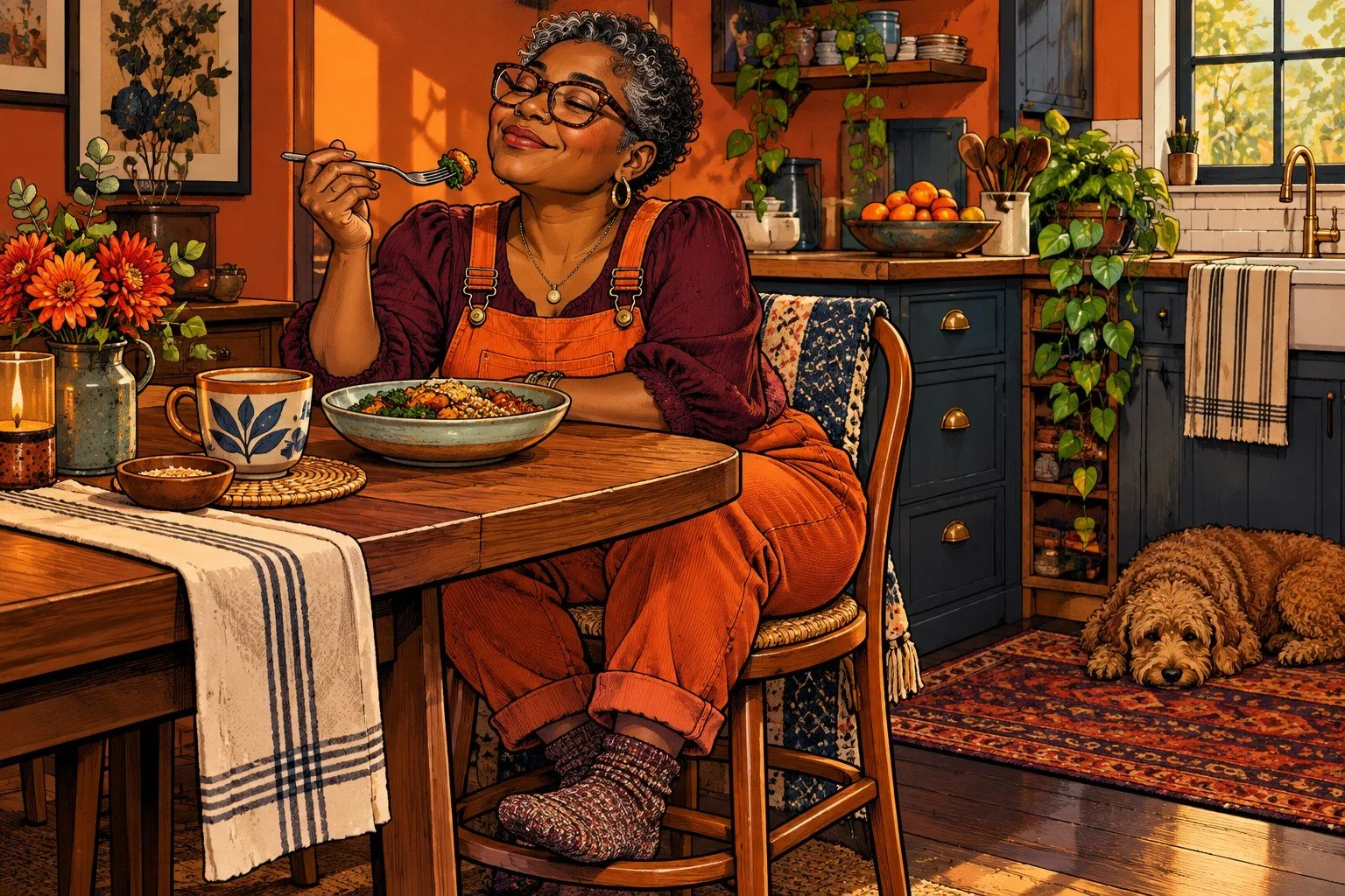 Comic-style illustration of a woman with short silver-flecked natural curls savoring a meal at her kitchen table.