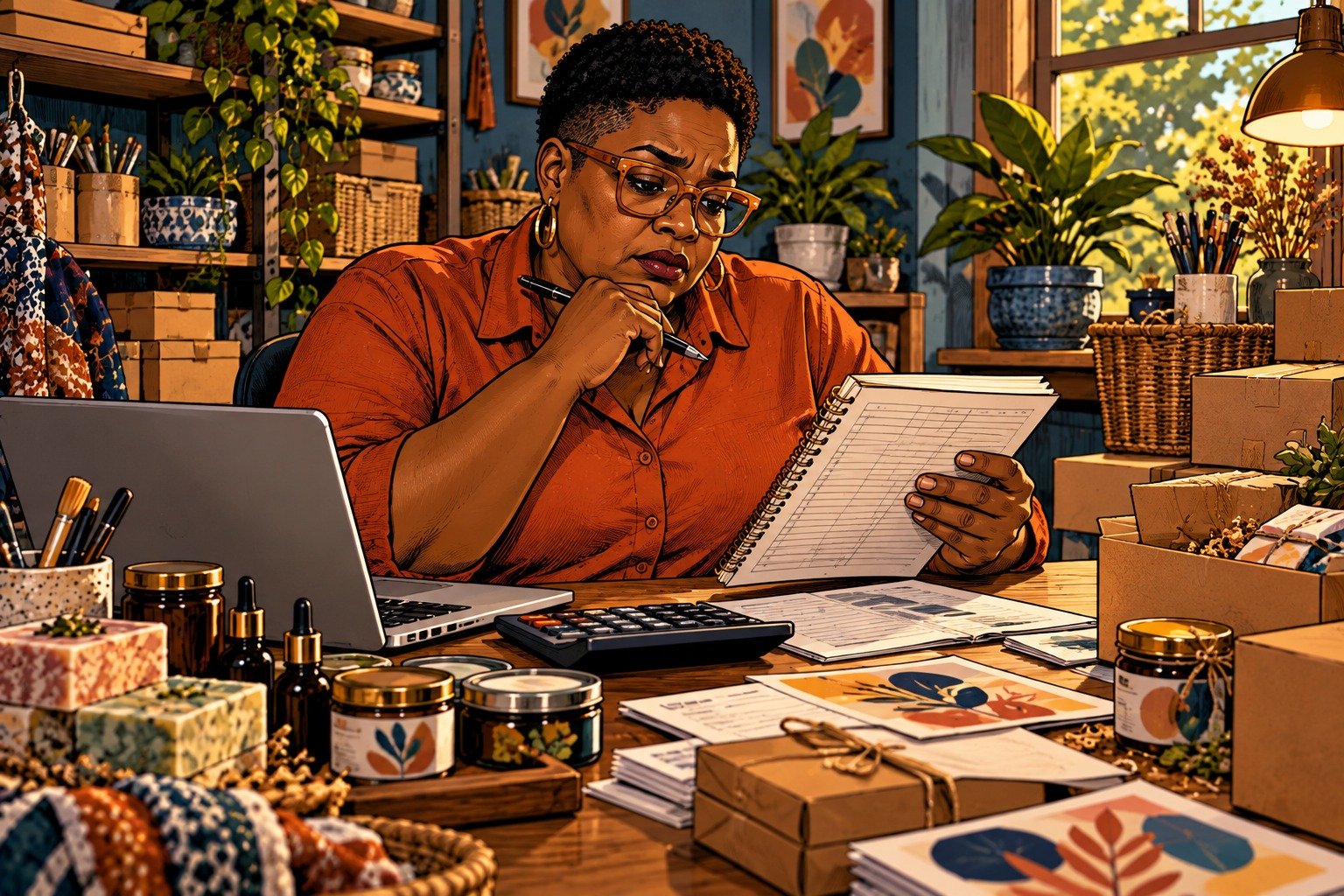 Comic book illustration of a woman entrepreneur working among packages and business records, considering how her effort connects to income.