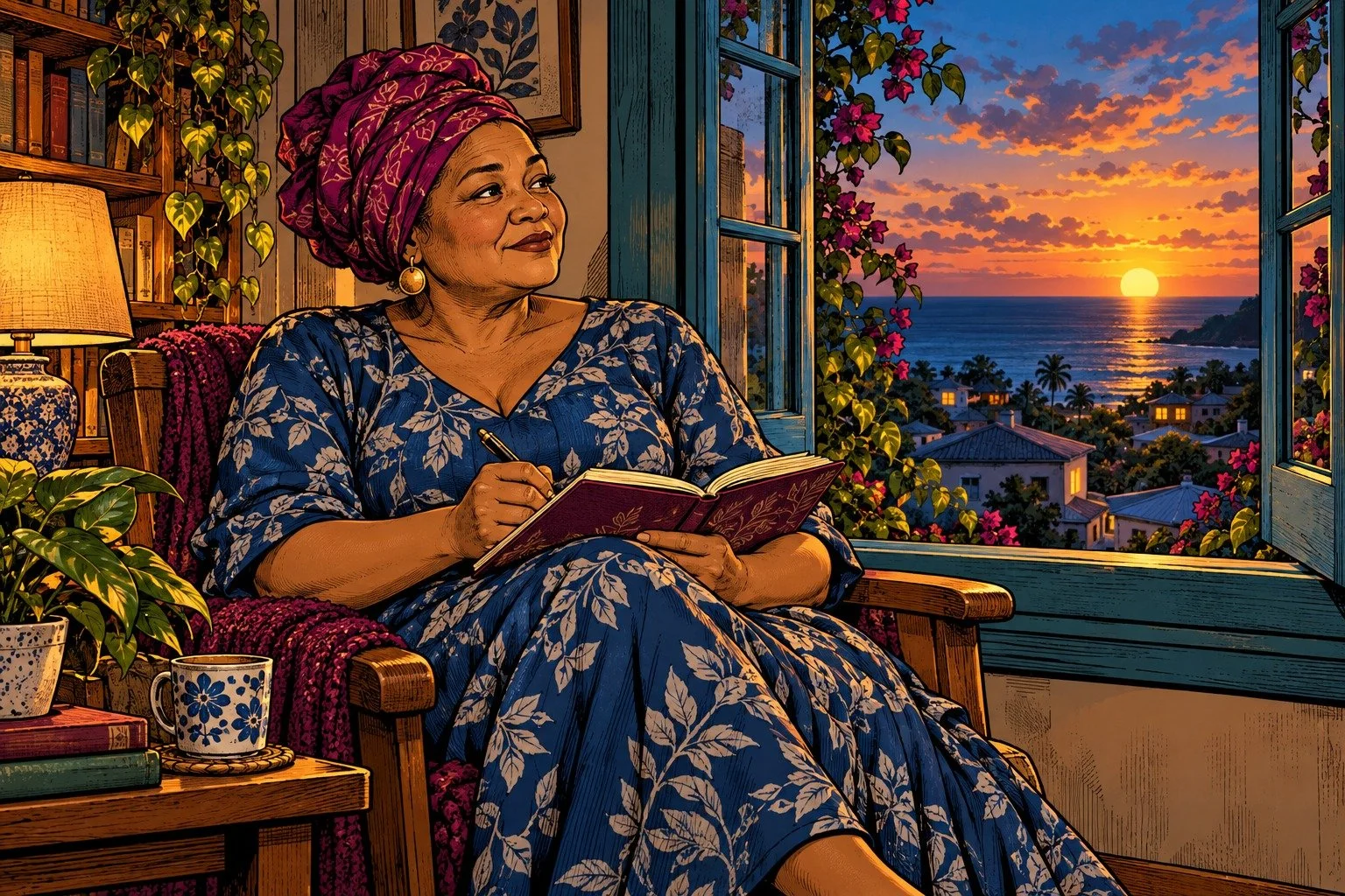 Comic book illustration: An older woman in a magenta headwrap writes in her journal, making room to reflect on what she needs.