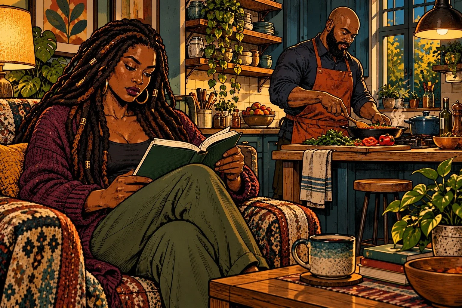 Comic book illustration of a woman reading comfortably while her partner prepares dinner.