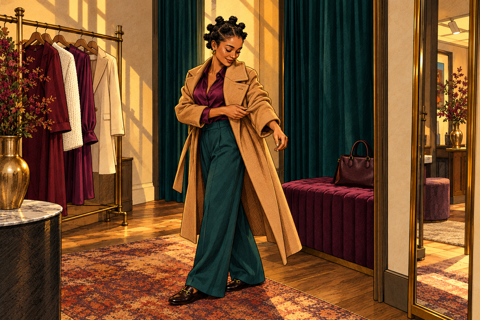 Illustration of a Black woman with Bantu knots adjusting a camel coat while trying it on in a boutique.
