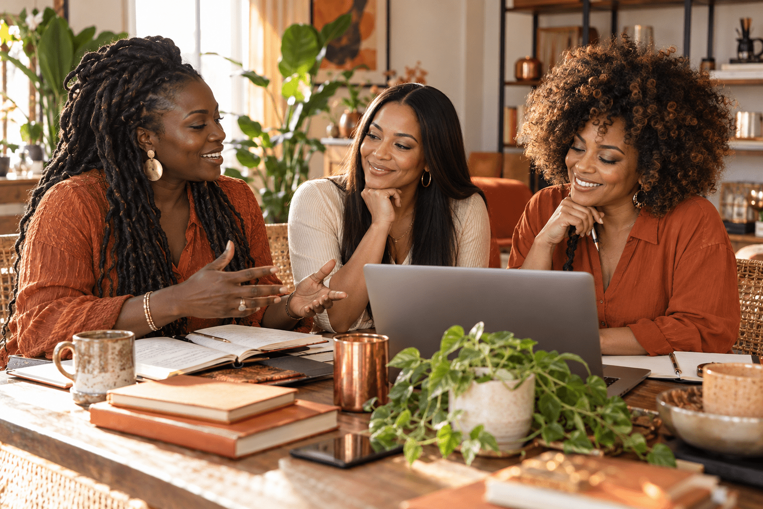 Three Black women with varied skin tones and hairstyles collaborating around a laptop