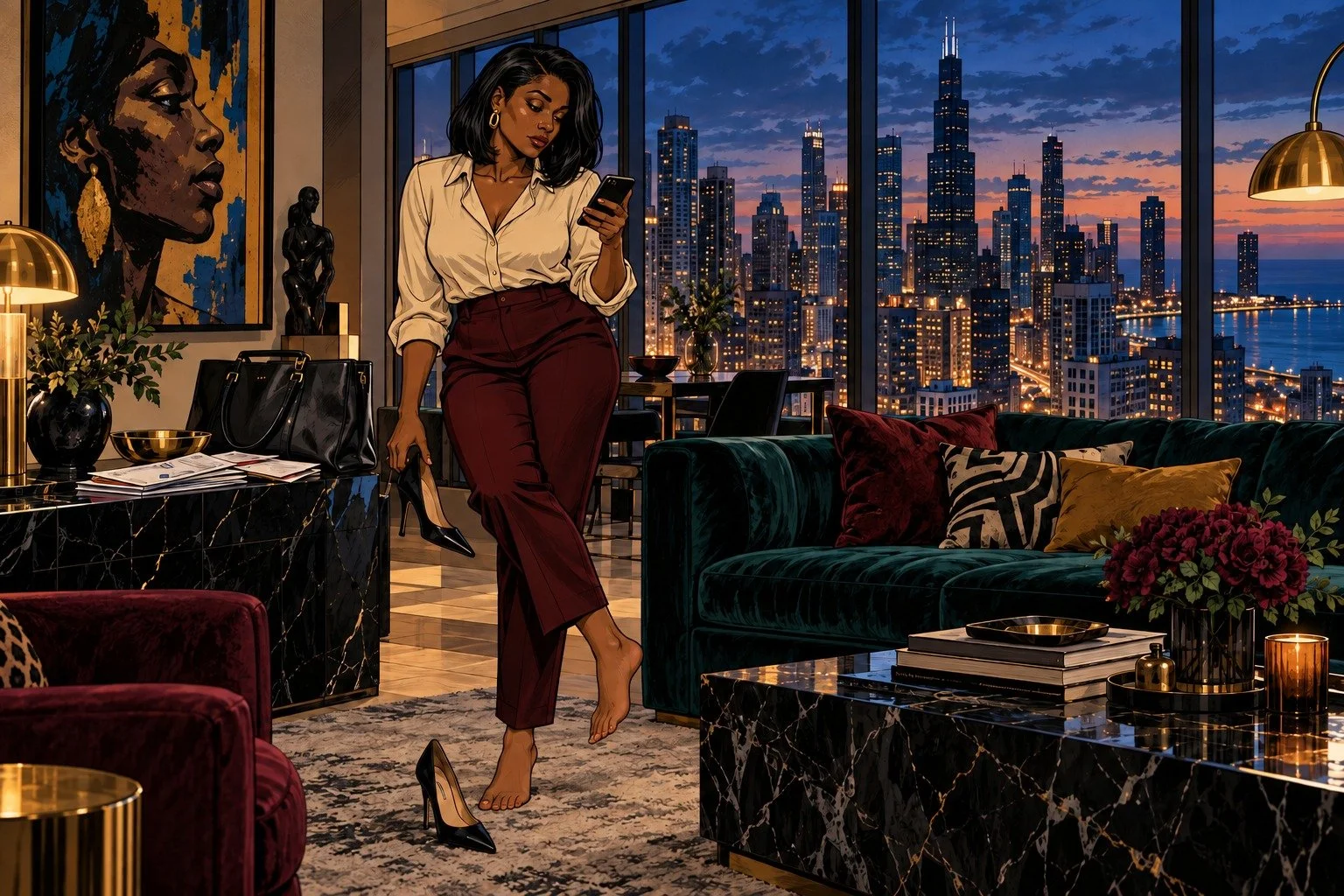 Comic book illustration: A woman removes her heels after work in an elegant Chicago apartment while her phone demands more attention.