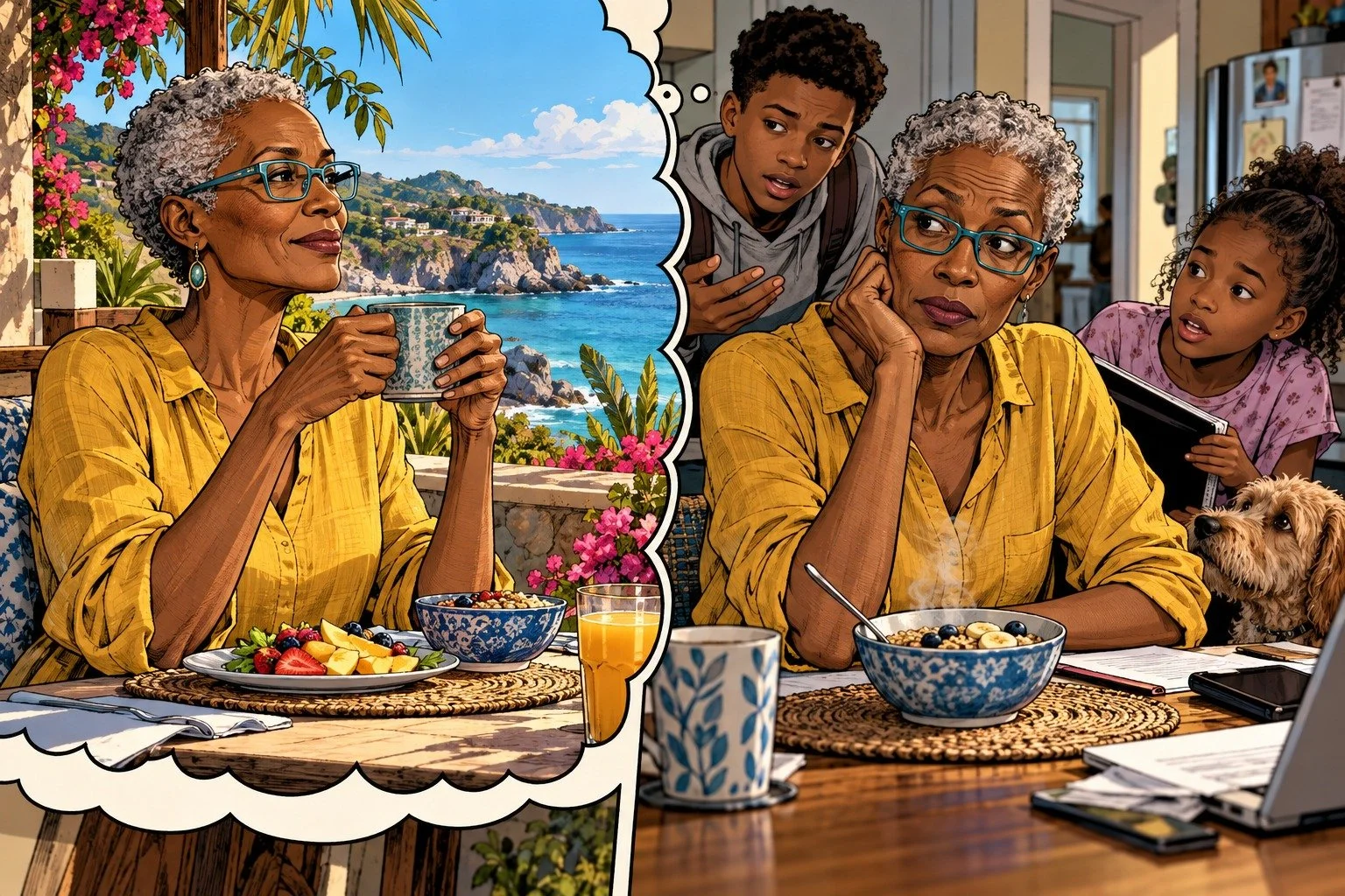 Comic book panels contrast an older woman’s demanding day at home with the peaceful ocean morning she imagines.