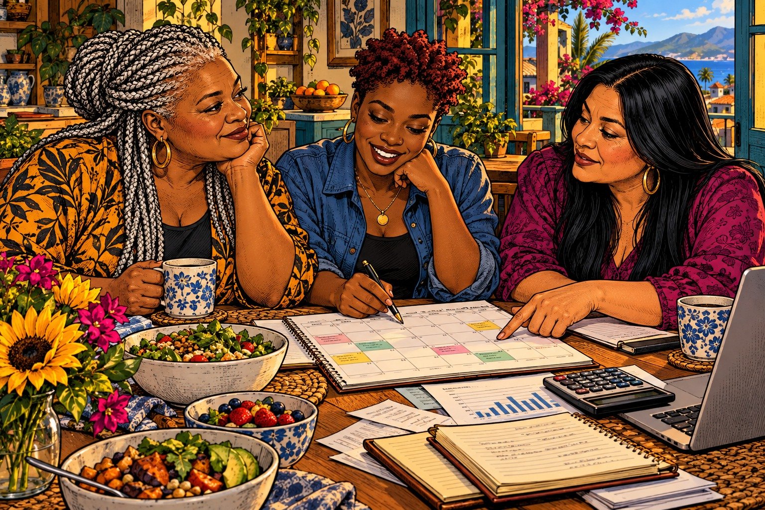 Comic book illustration: Three women plan together with a calendar, connecting business decisions with the lives they want to enjoy.