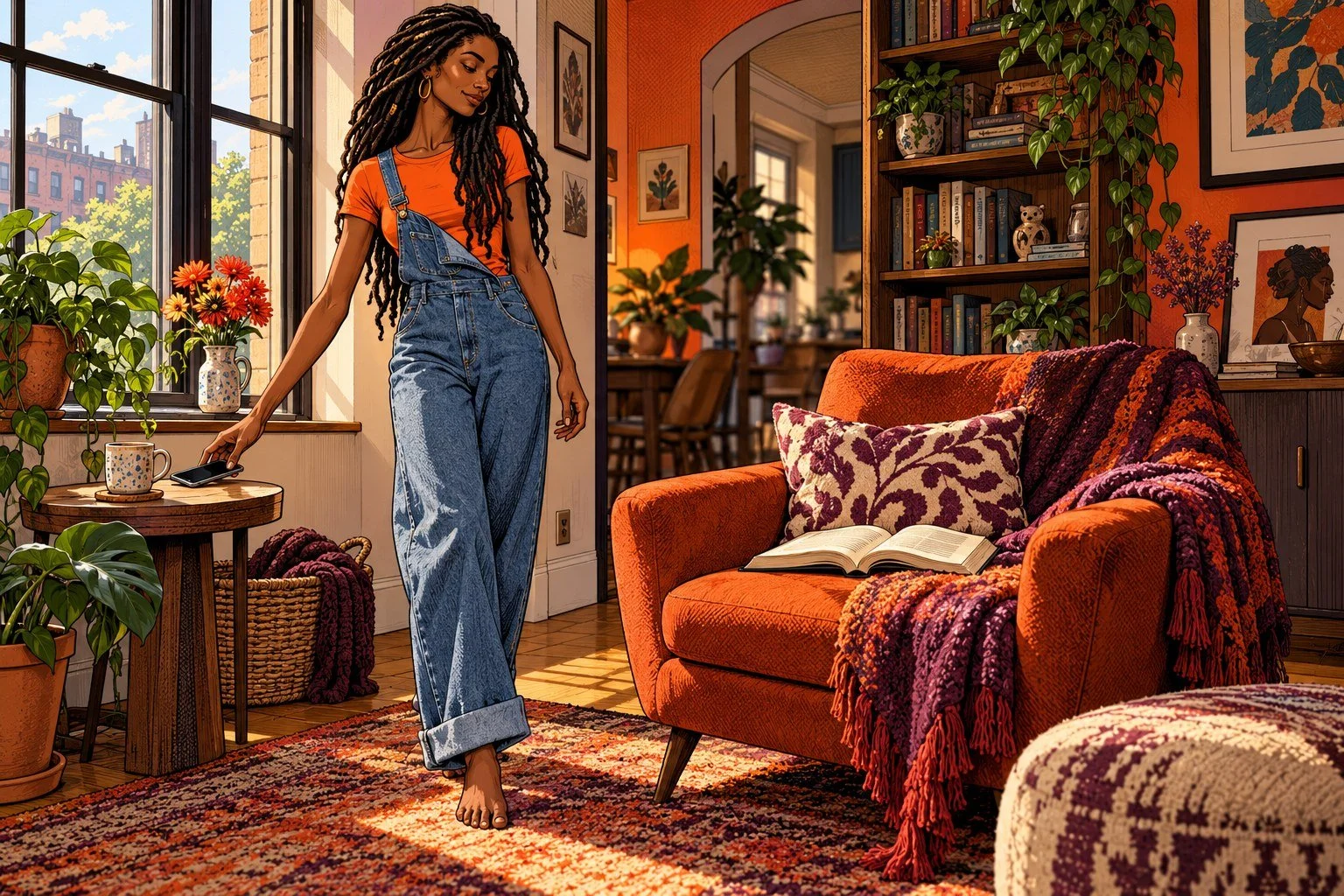 Comic-style illustration of a woman with long locs setting her phone aside beside a comfortable reading chair.
