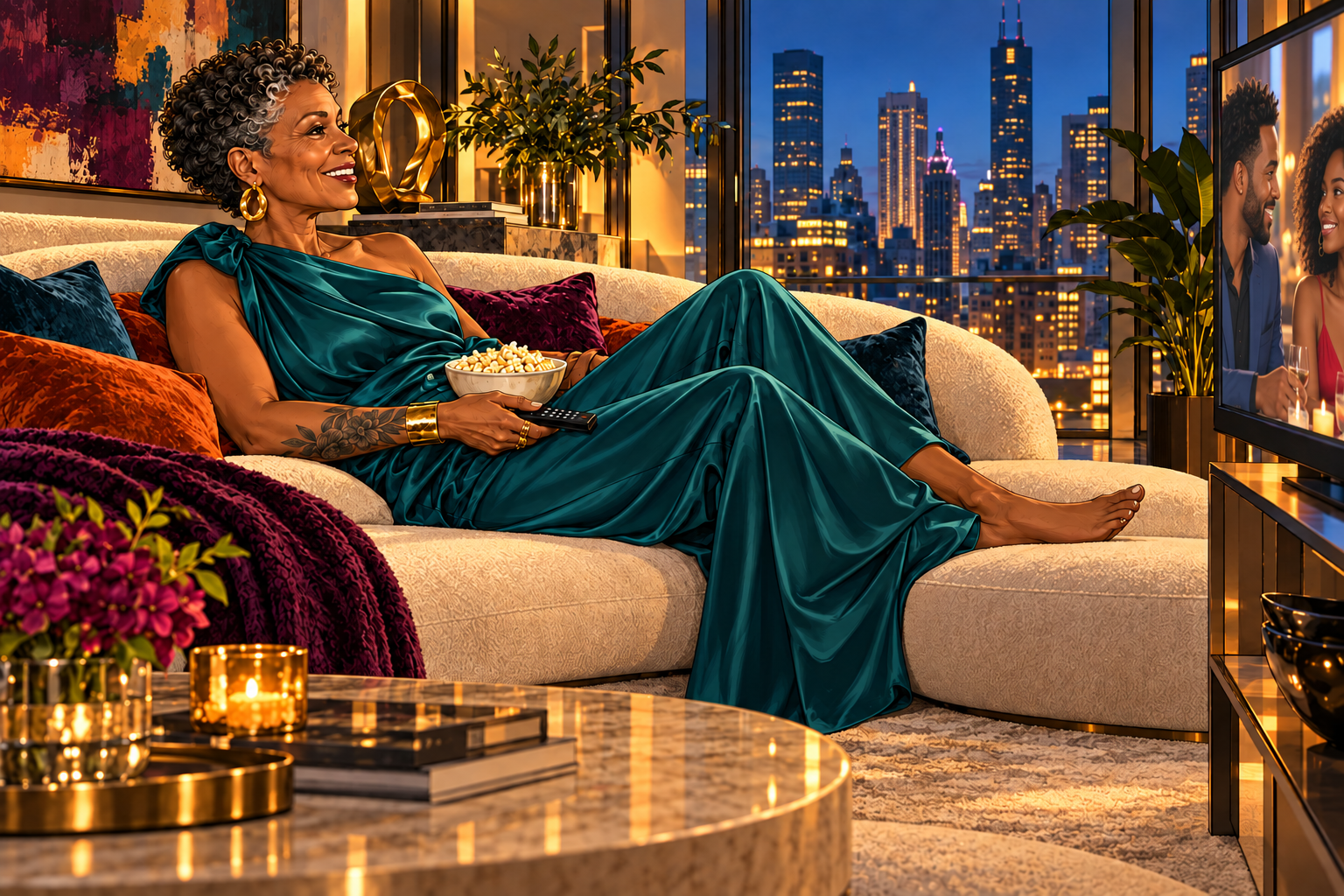 Illustration of a stylish Black woman around 50 in teal silk, with a floral forearm tattoo, enjoying popcorn and a Black couple on TV in an upscale city apartment.