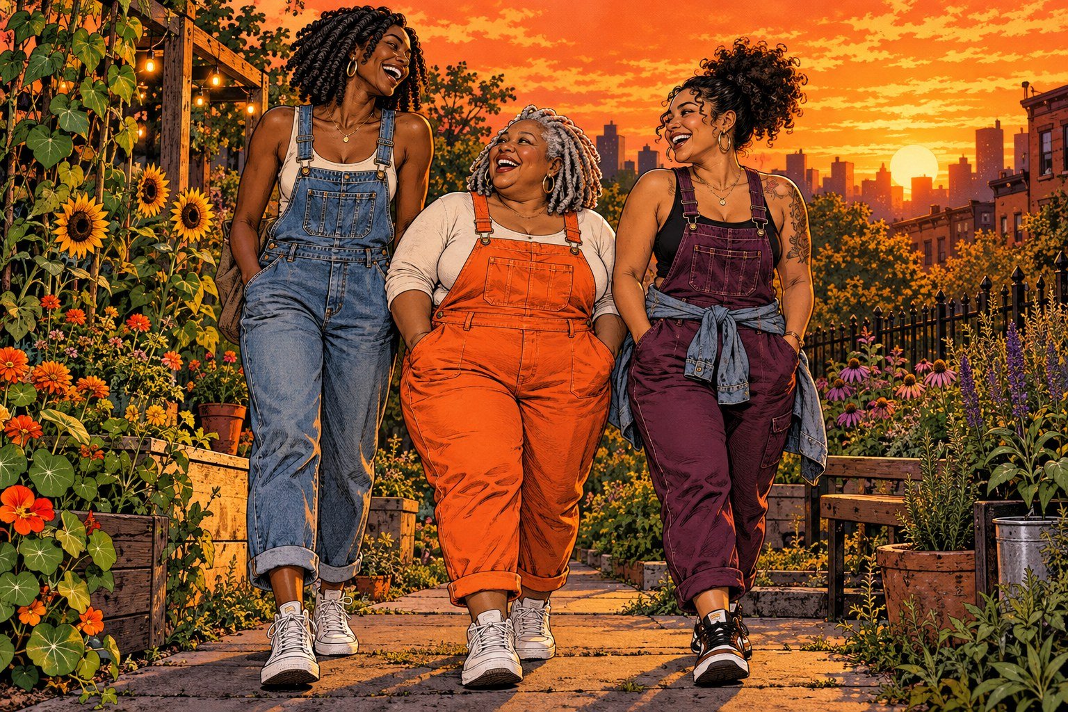 Comic-style illustration of three women of different heights and builds, with natural hairstyles, laughing in a garden at sunset.