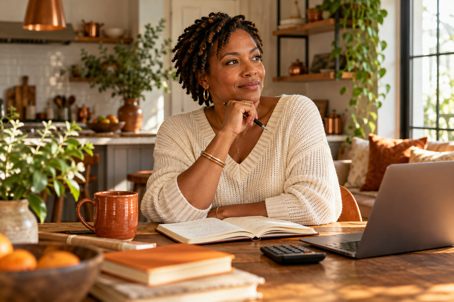 A Black woman with short twists reflecting on her finances at a sunlit kitchen table
