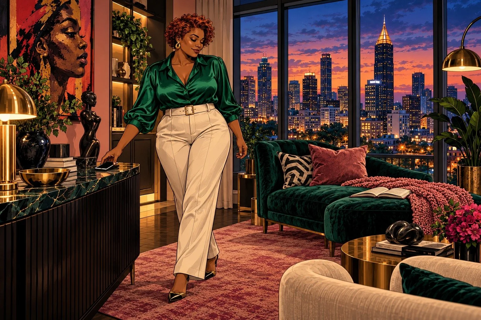 Comic book illustration of a woman placing her phone face down in her Atlanta apartment and turning toward a quiet evening with a book.