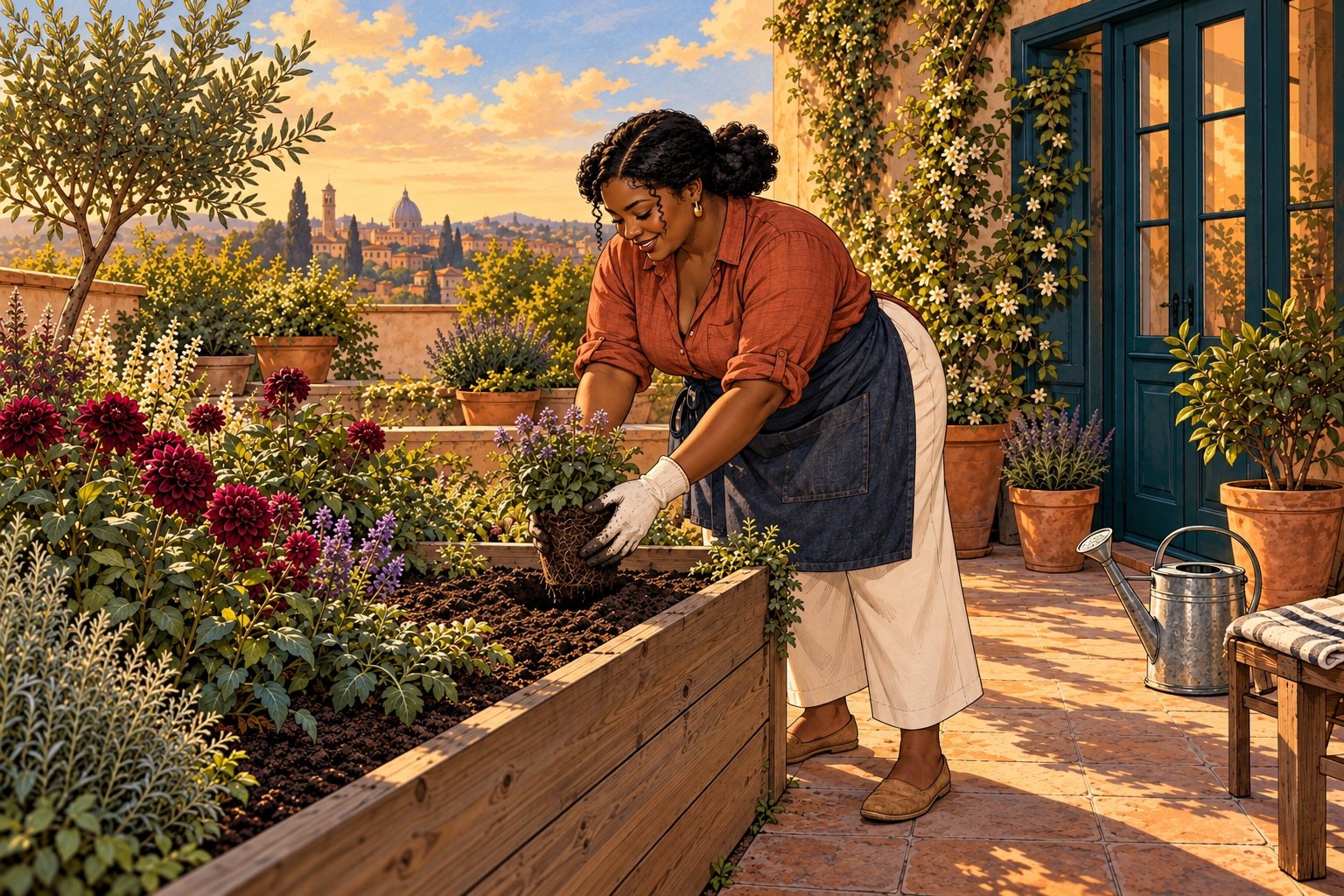 Illustration of a Black woman planting flowers in a raised garden bed, wearing a terracotta shirt and gardening gloves.