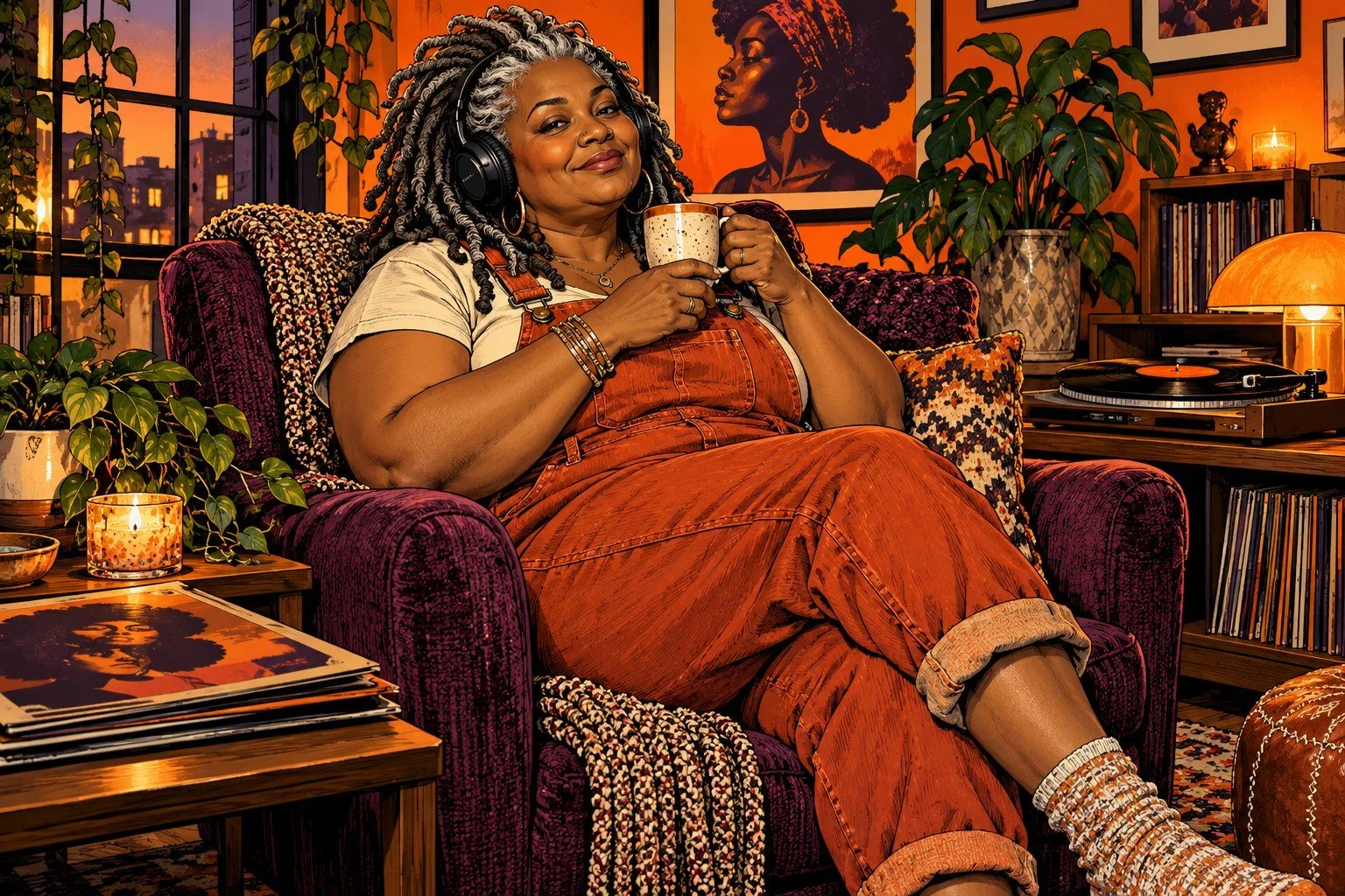 Comic-style illustration of a woman with silver-streaked locs enjoying coffee and music in a plum armchair.
