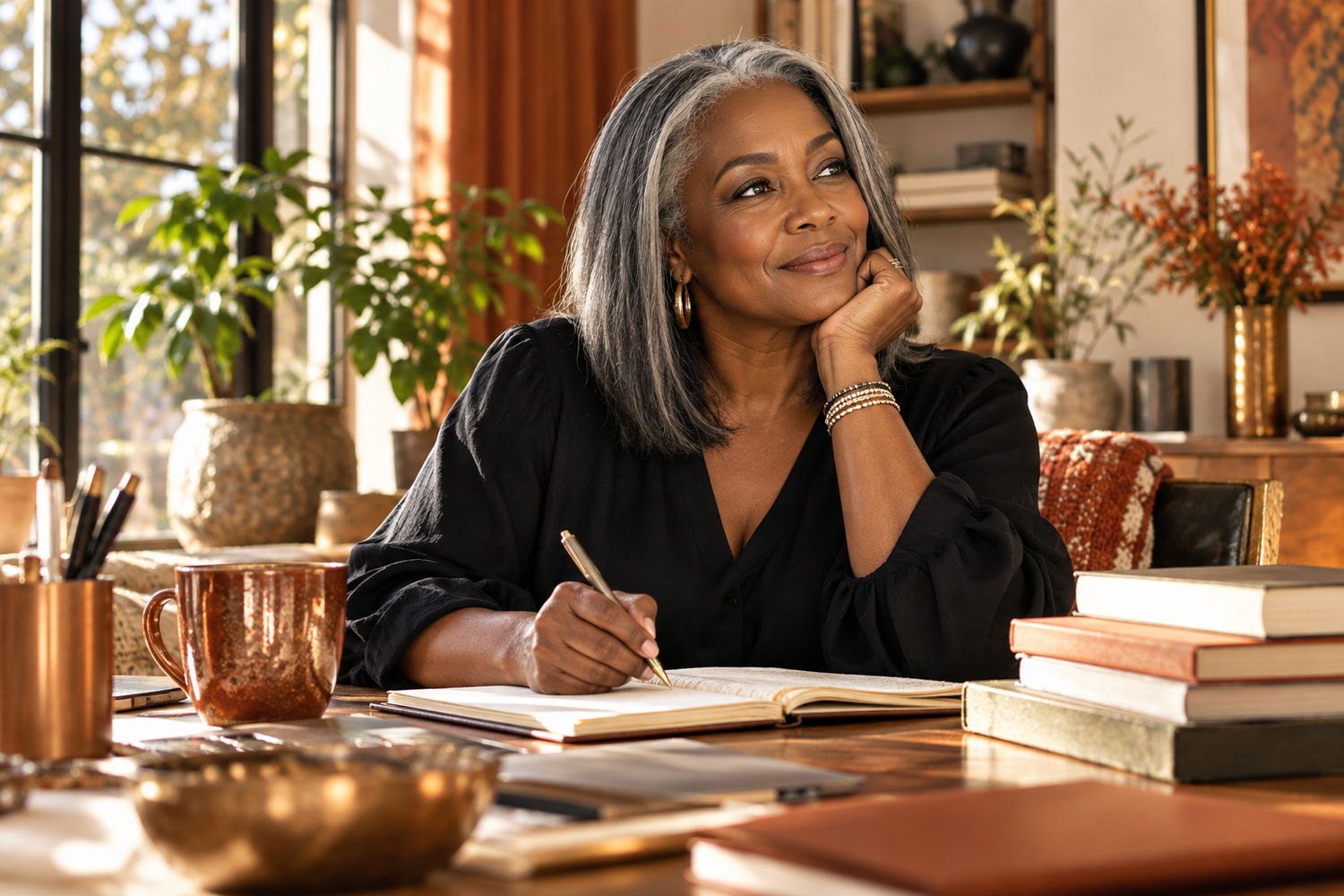 A mature Black woman with straight silver and dark hair writing beside her books