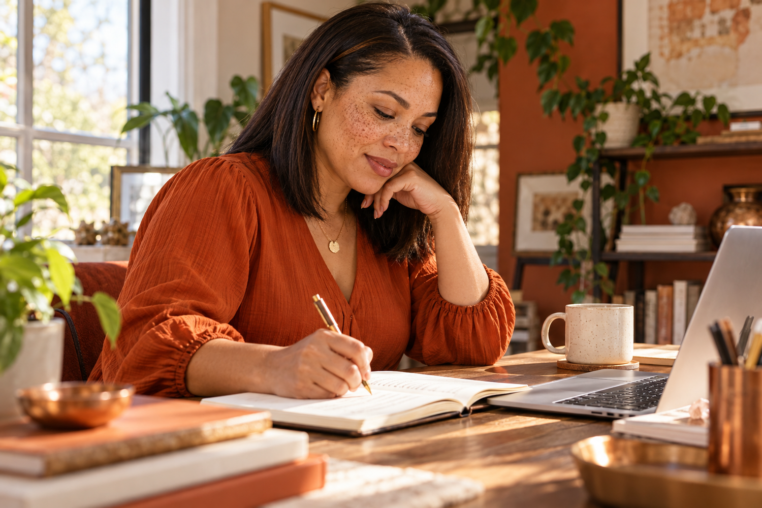 A Black woman with freckles and straight hair planning at her desk