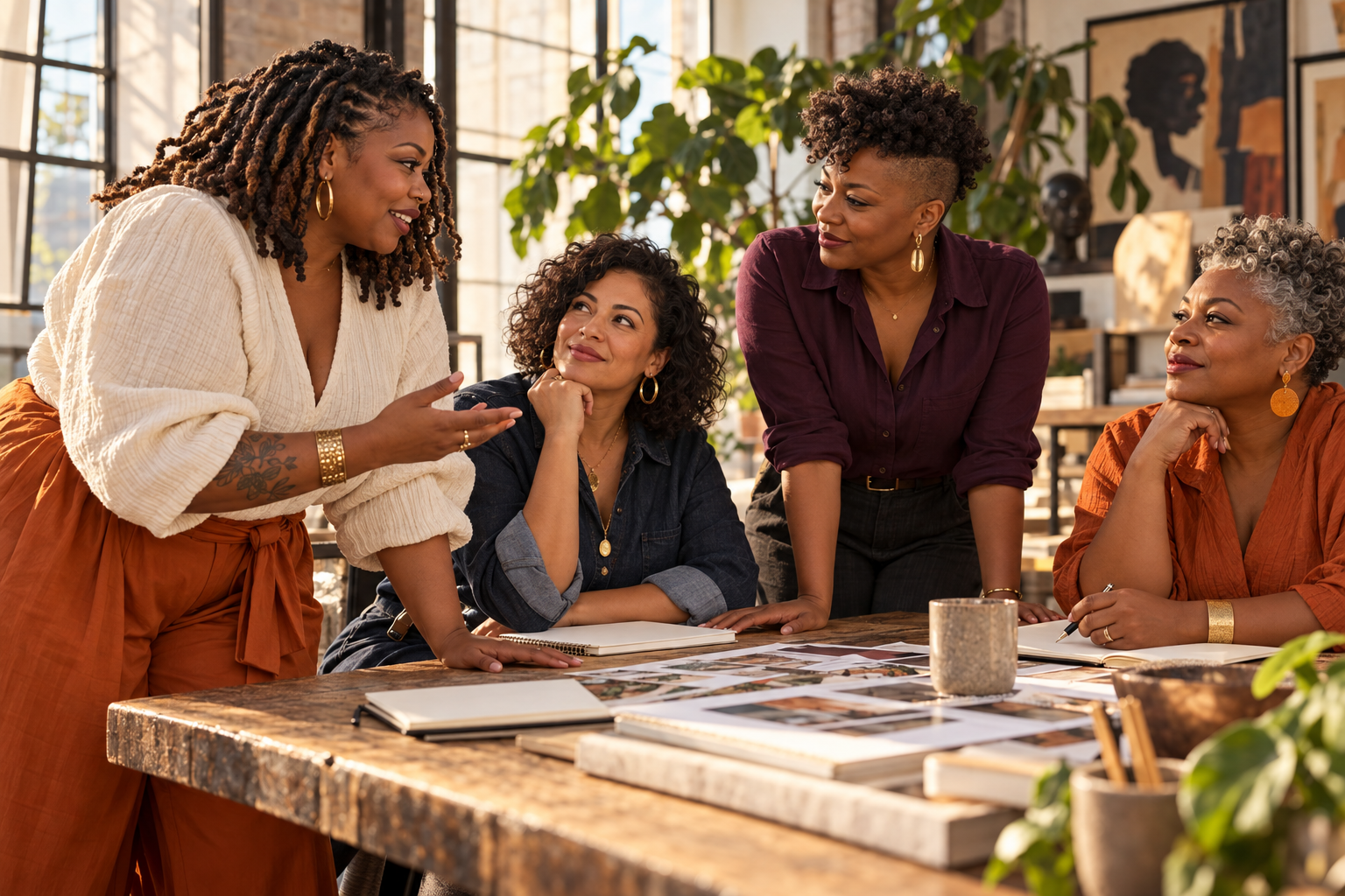 Four contemporary women collaborating around a table, with two standing in conversation