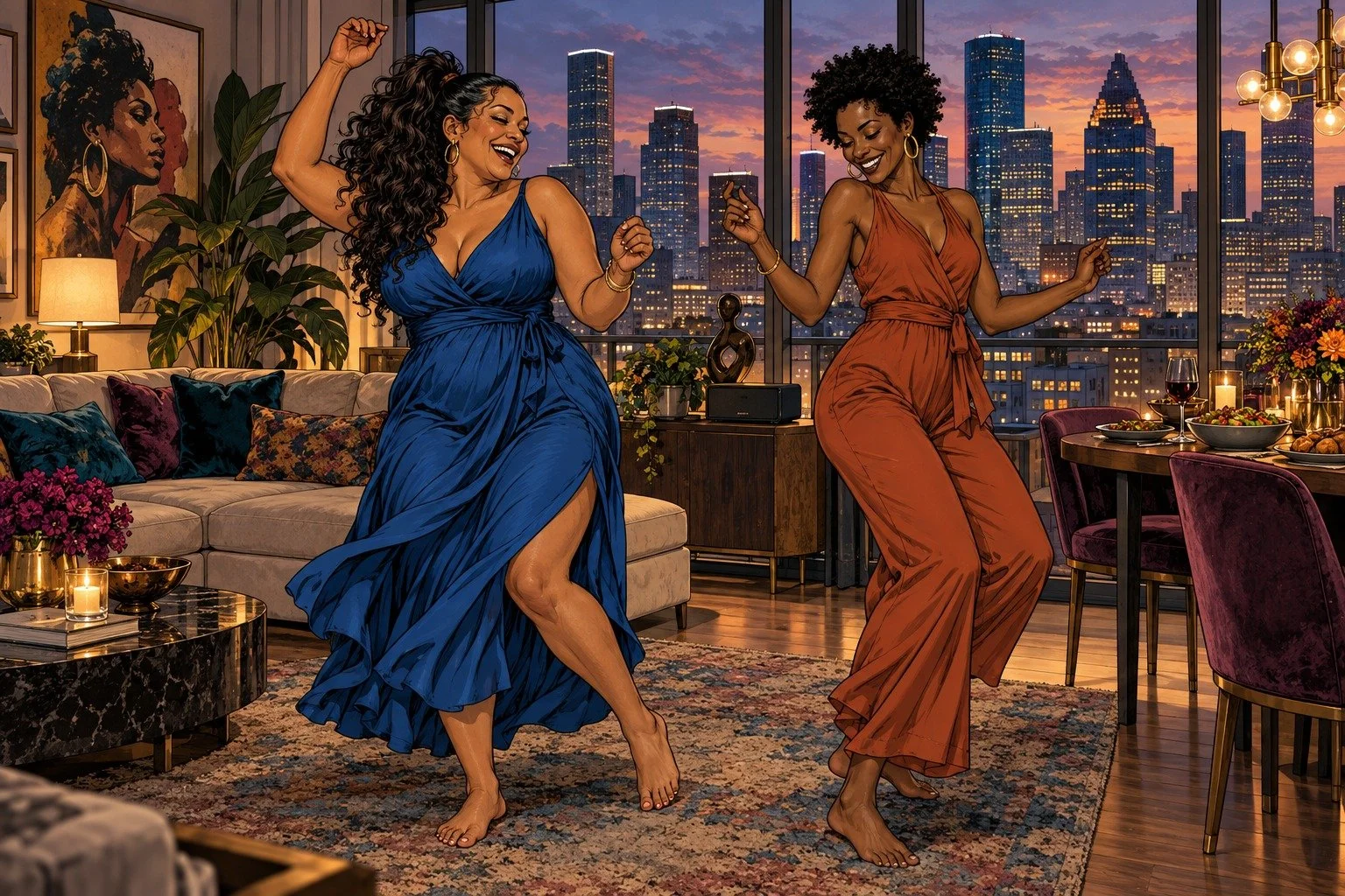 Comic book illustration: Two women laugh and dance in an elegant Houston apartment at dusk, enjoying an ordinary evening at home.