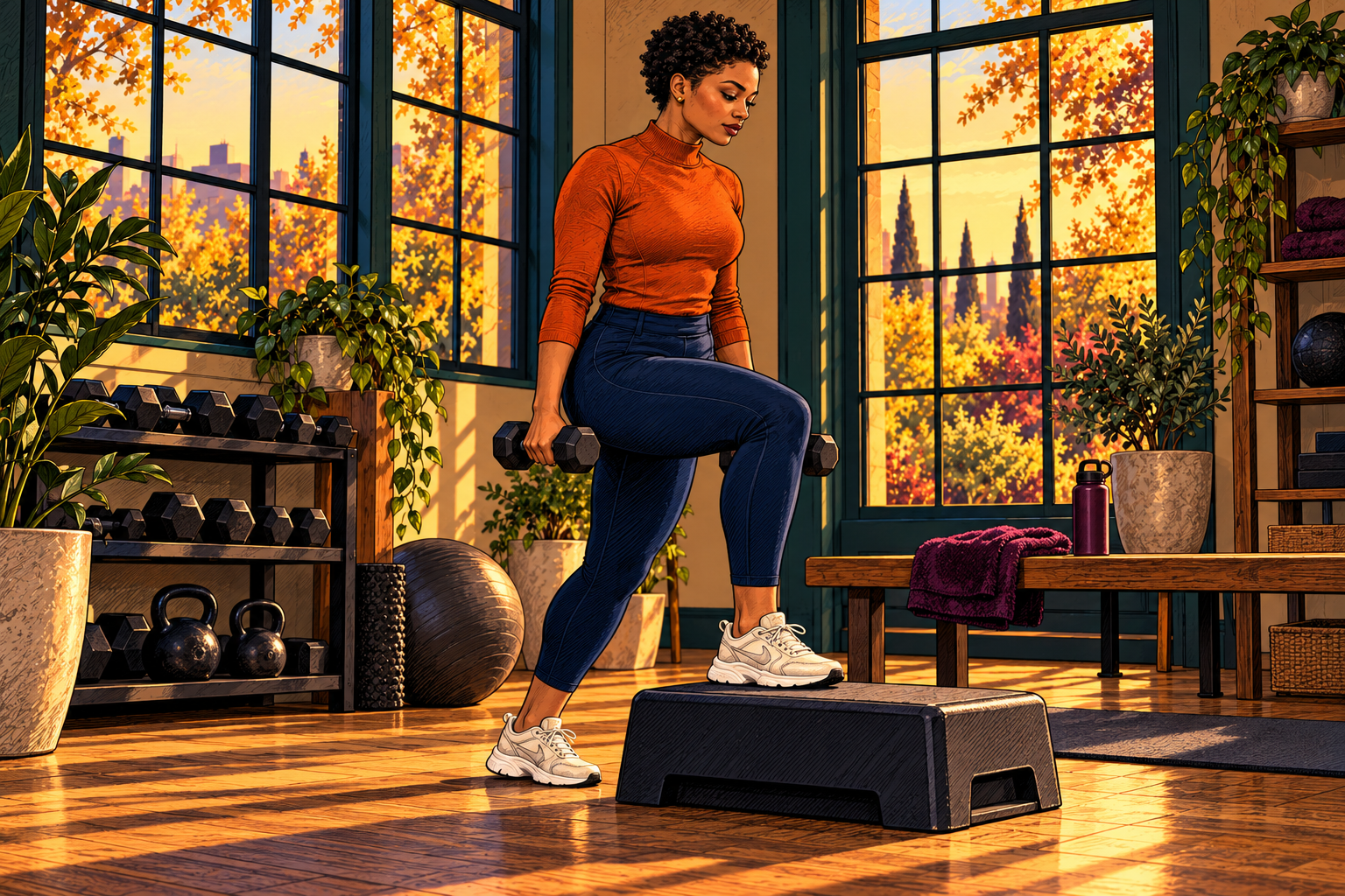 Illustration of a Black woman with cropped natural curls stepping onto an exercise platform while holding dumbbells.
