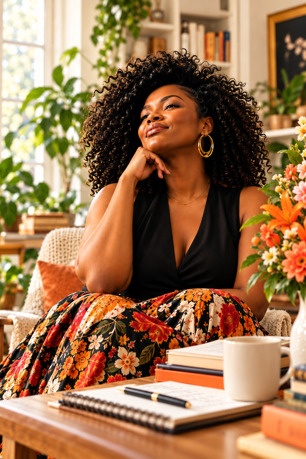 A thoughtful Black woman with curly hair in a warm library, beside flowers and a writing notebook.