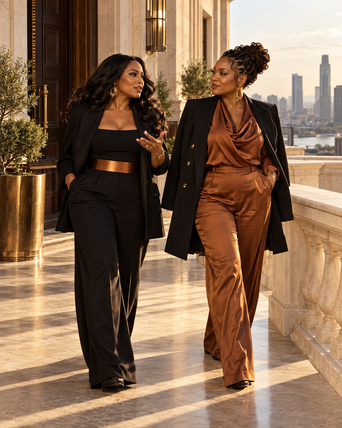 Conceptual editorial image of two Black women walking and conversing on a sunlit terrace, representing Embodying Infamy.