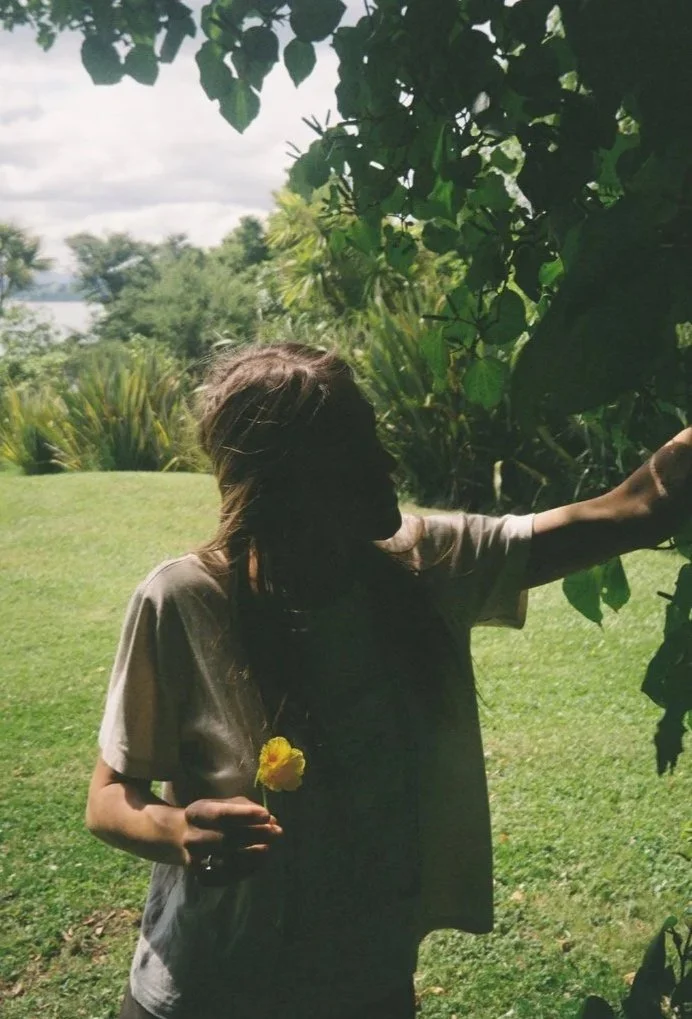 Person with long hair picking a yellow flower in a garden with green grass and trees, shaded by leaves.