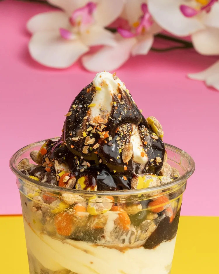 Reese's parfait with fudge and Reese's Pieces layered through soft-serve at Merla-Mae Ice Cream in London, Ontario