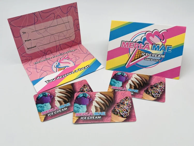 Merla-Mae Ice Cream gift cards with a fold-out gift holder, London, Ontario