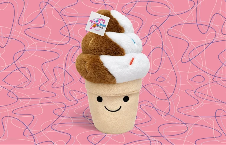 Merla-Mae soft-serve cone plushie at Merla-Mae Ice Cream in London, Ontario